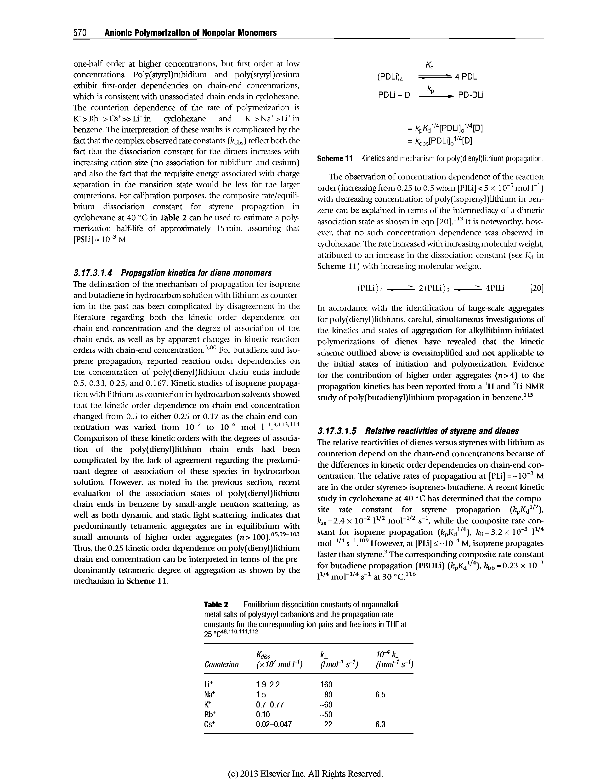 Table 2 Equilibrium dissociation constants of organoalkali metal salts of polystyryl carbanions and the propagation rate constants for the corresponding ion pairs and free ions in THE at 25 O "...