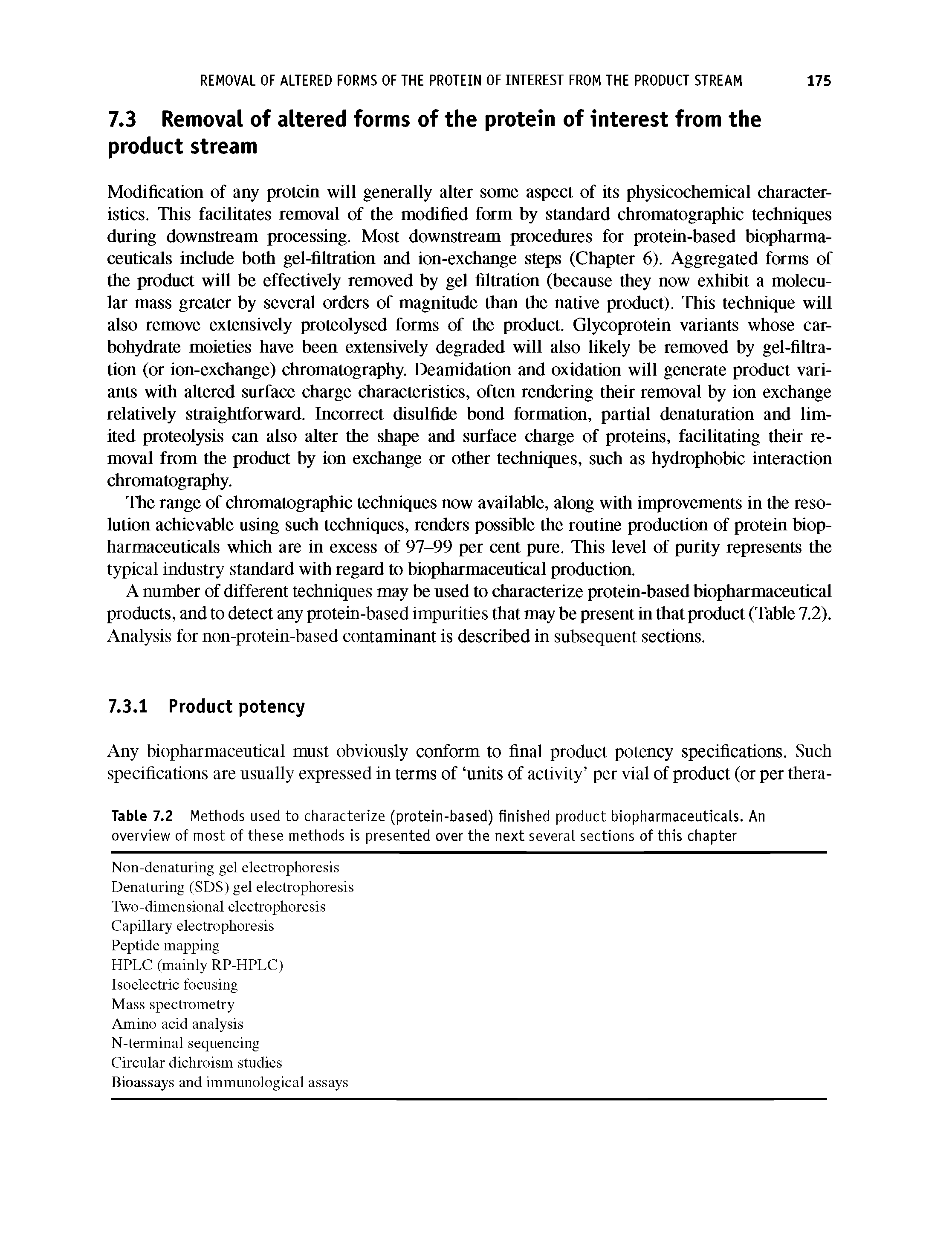 Table 7.2 Methods used to characterize (protein-based) finished product biopharmaceuticals. An overview of most of these methods is presented over the next several sections of this chapter...