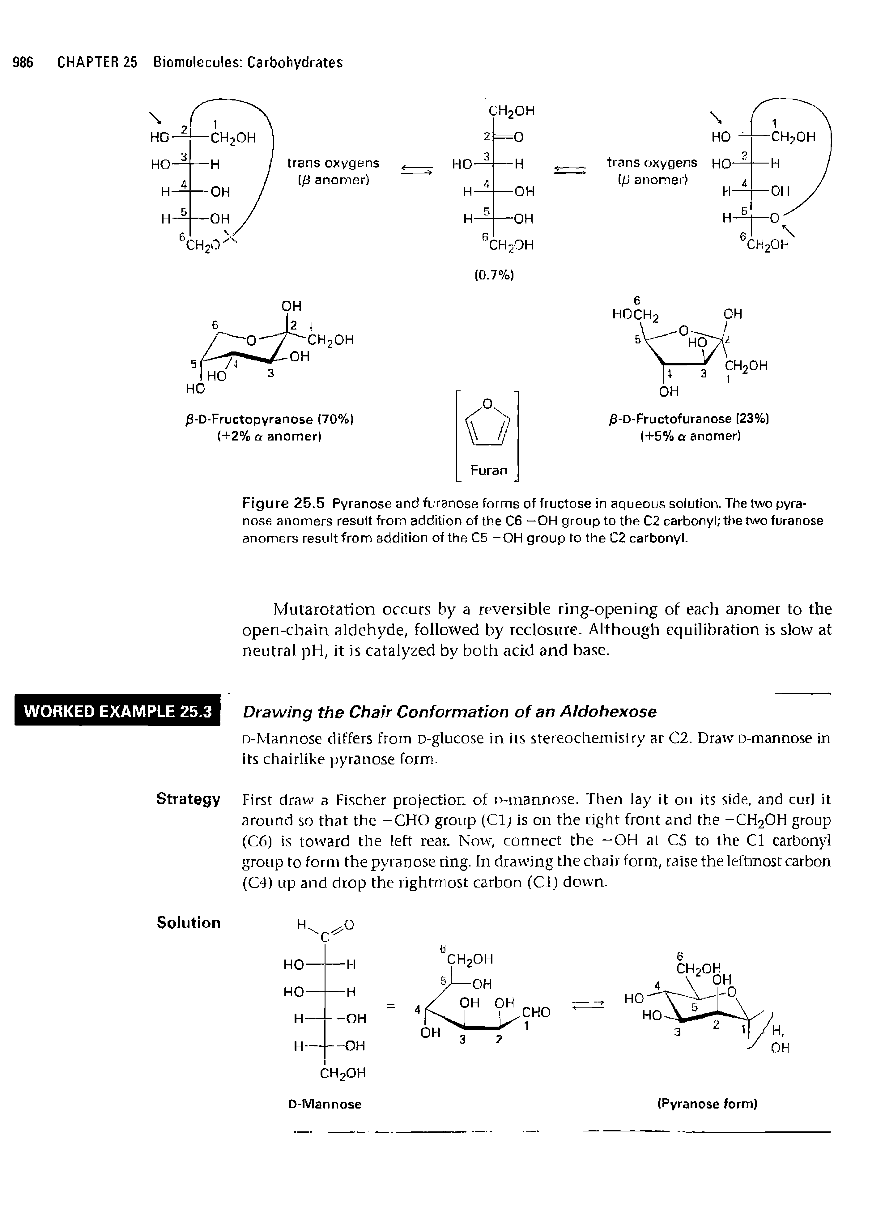 Figure 25.5 Pyranose and furanose forms of fructose in aqueous solution. The two pyra-nose anomers result from addition of the C6 -OH group to the C2 carbonyl the two furanose anomers result from addition of the C5 -OH group to the C2 carbonyl.