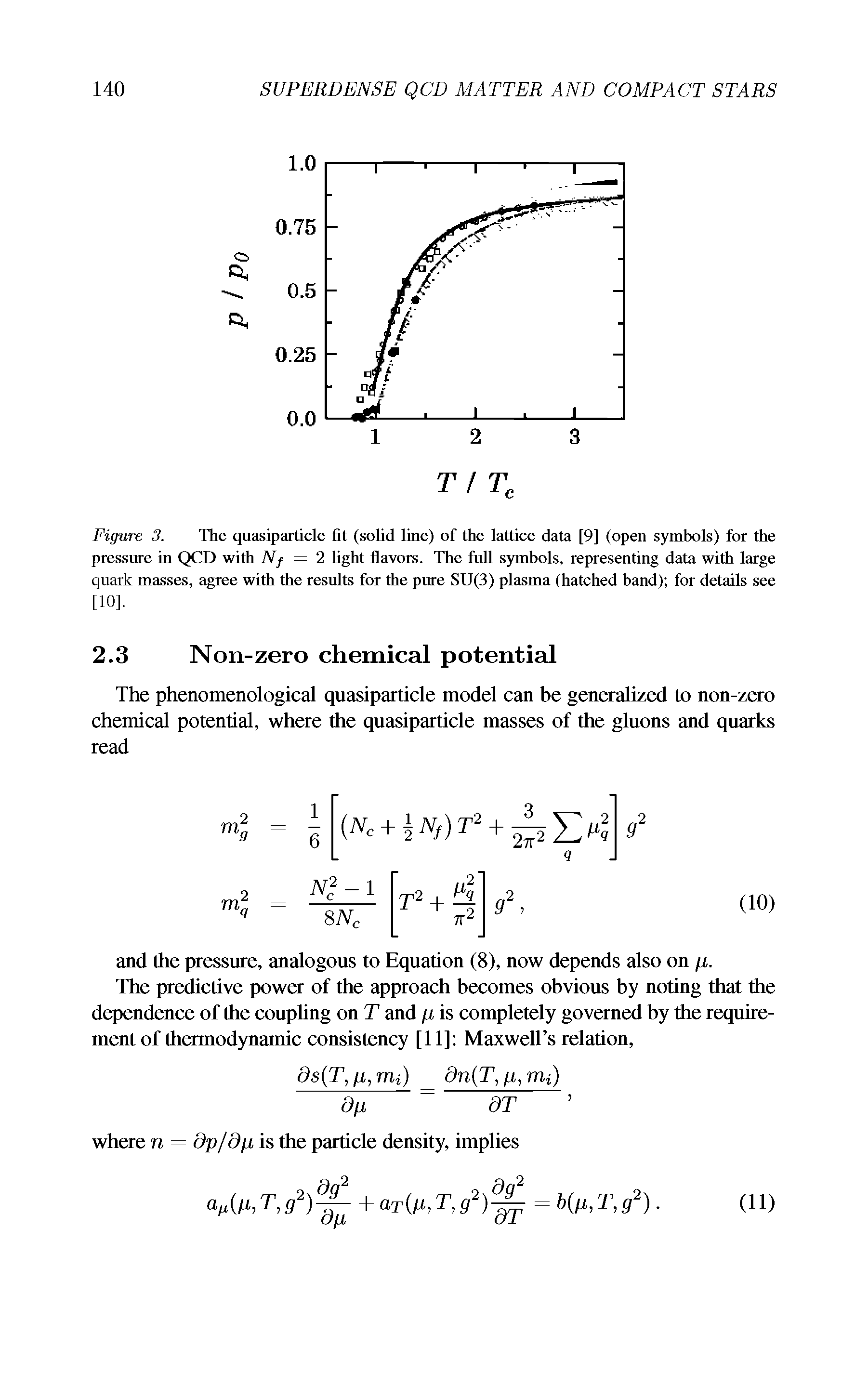 Figure 3. The quasiparticle fit (solid line) of the lattice data [9] (open symbols) for the pressure in QCD with Nj = 2 light flavors. The full symbols, representing data with large quark masses, agree with the results for the pure SU(3) plasma (hatched band) for details see [10].