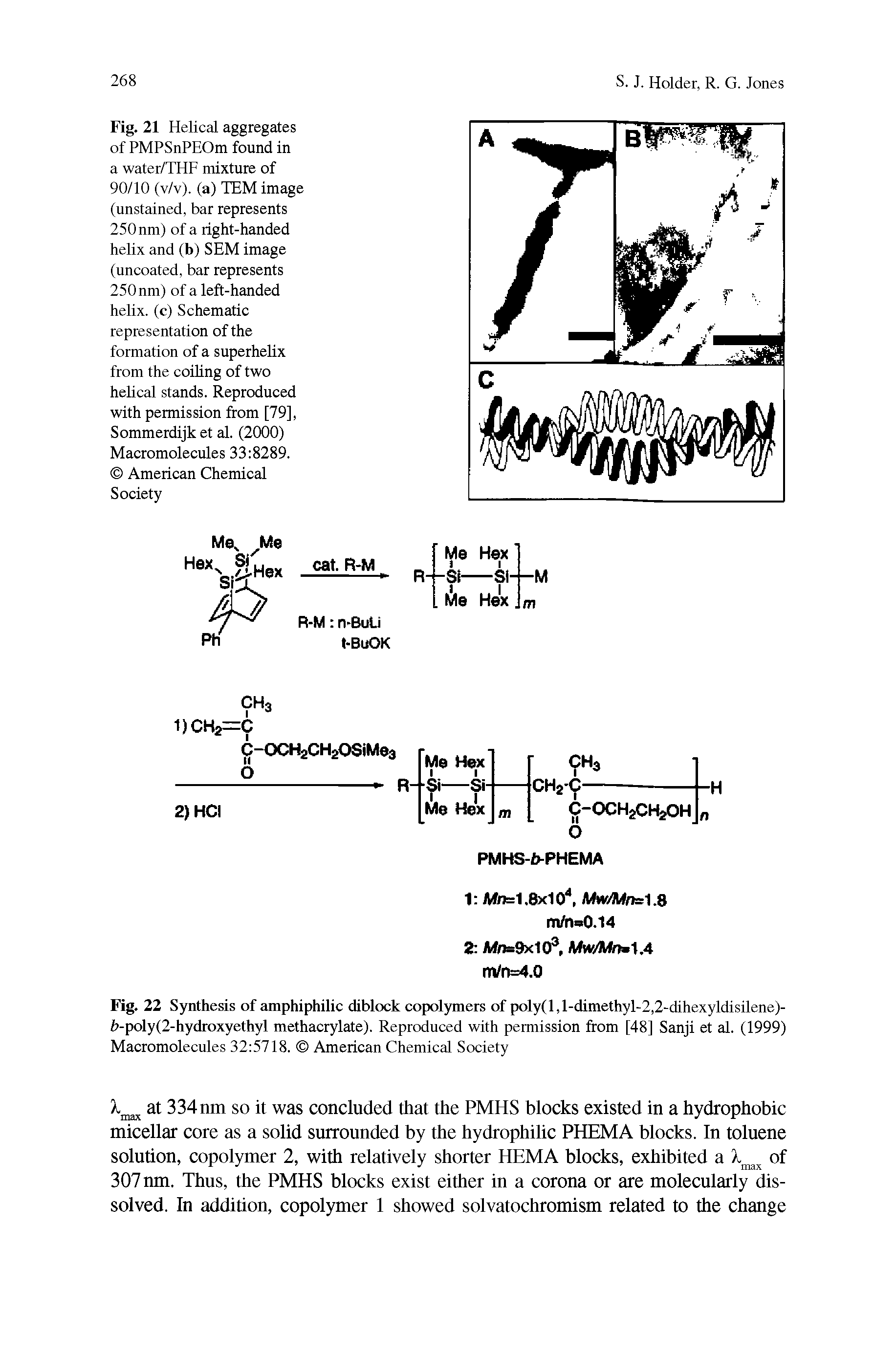 Fig. 22 Synthesis of amphiphilic diblock copolymers of poly(l,l-dimethyl-2,2-dihexyldisilene)-i>-poly(2-hydroxyethyl methacrylate). Reproduced with permission from [48] Sanji et al. (1999) Macromolecules 32 5718. American Chemical Society...