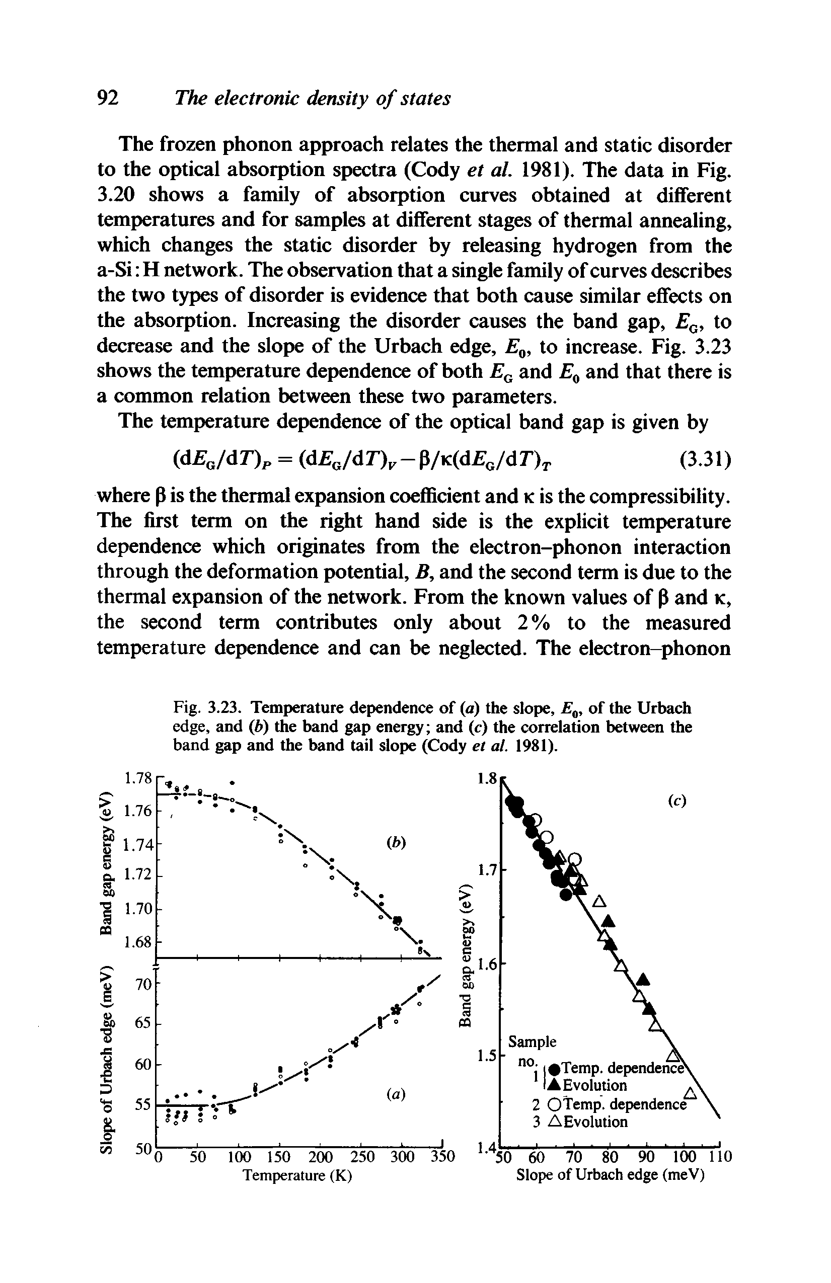 Fig. 3.23. Temperature dependence of (a) the slope, of the Urbach edge, and (6) the band gap energy and (c) the correlation between the band gap and the band tail slope (Cody et al. 1981).