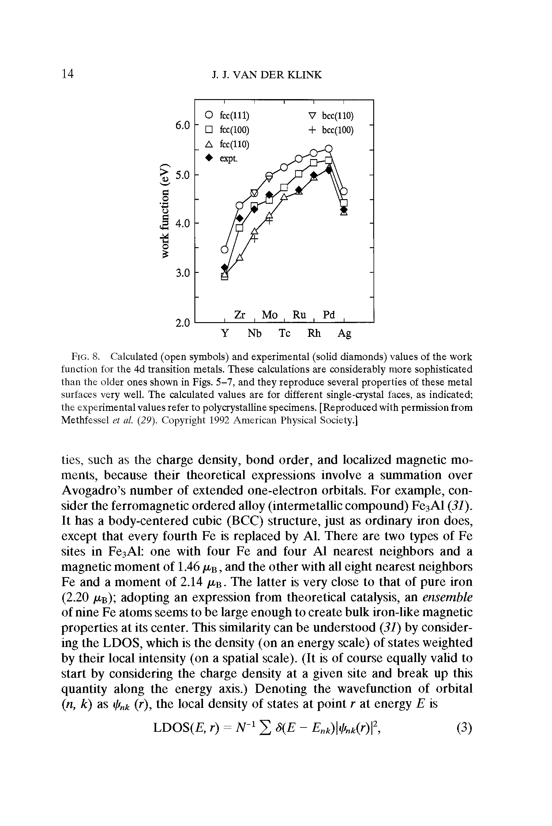 Fig. 8. Calculated (open symbols) and experimental (solid diamonds) values of the work function for the 4d transition metals. These calculations are considerably more sophisticated than the older ones shown in Figs. 5-7, and they reproduce several properties of these metal surfaces very well. The calculated values are for different single-crystal faces, as indicated the experimental values refer to polycrystalline specimens. [Reproduced with permission from Methfessel et al. (29). Copyright 1992 American Physical Society.]...