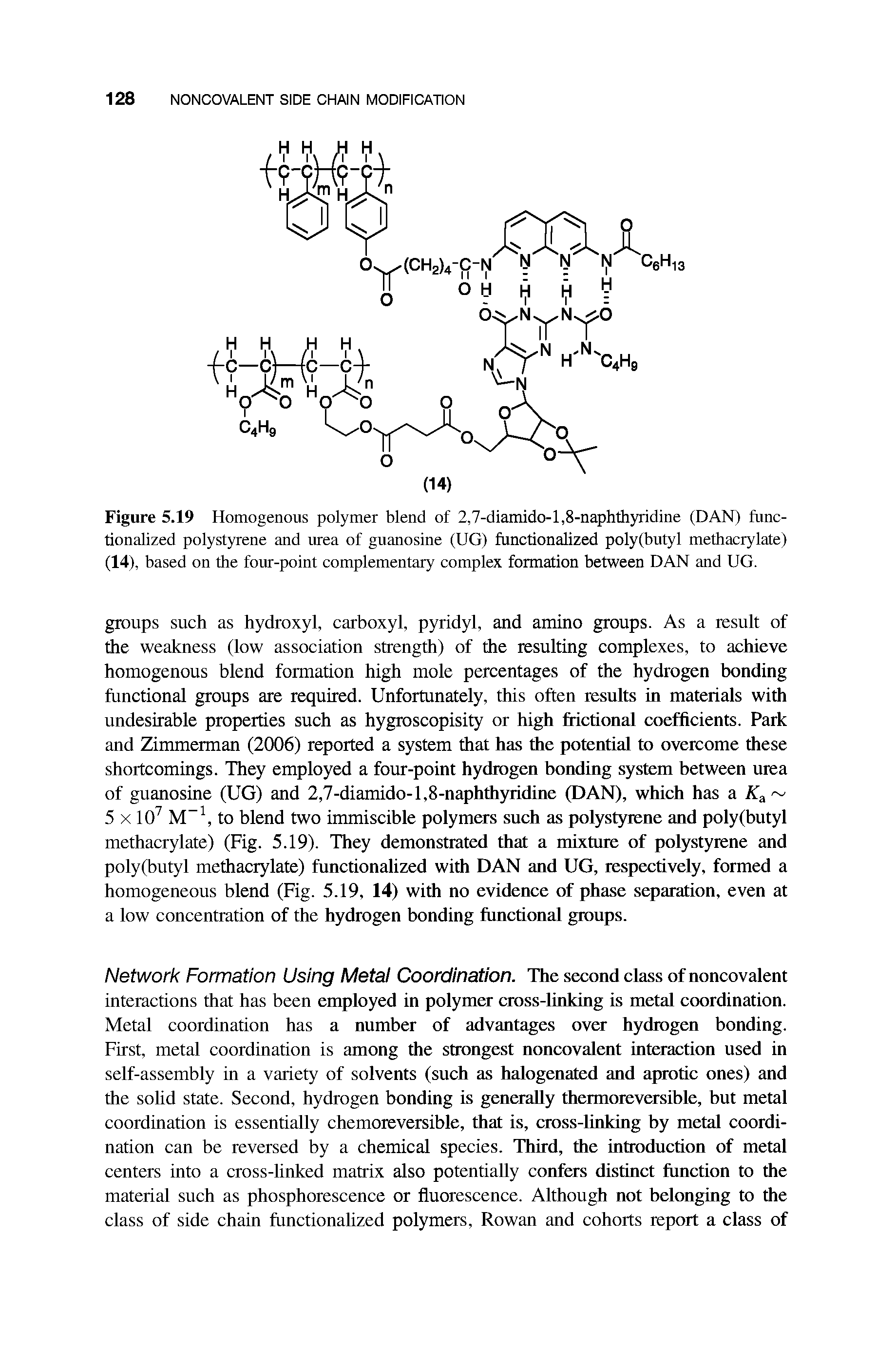 Figure 5.19 Homogenous polymer blend of 2,7-diamido-l,8-naphthyridine (DAN) functionalized polystyrene and urea of guanosine (UG) functionalized poly(butyl methacrylate) (14), based on the four-point complementary complex formation between DAN and UG.