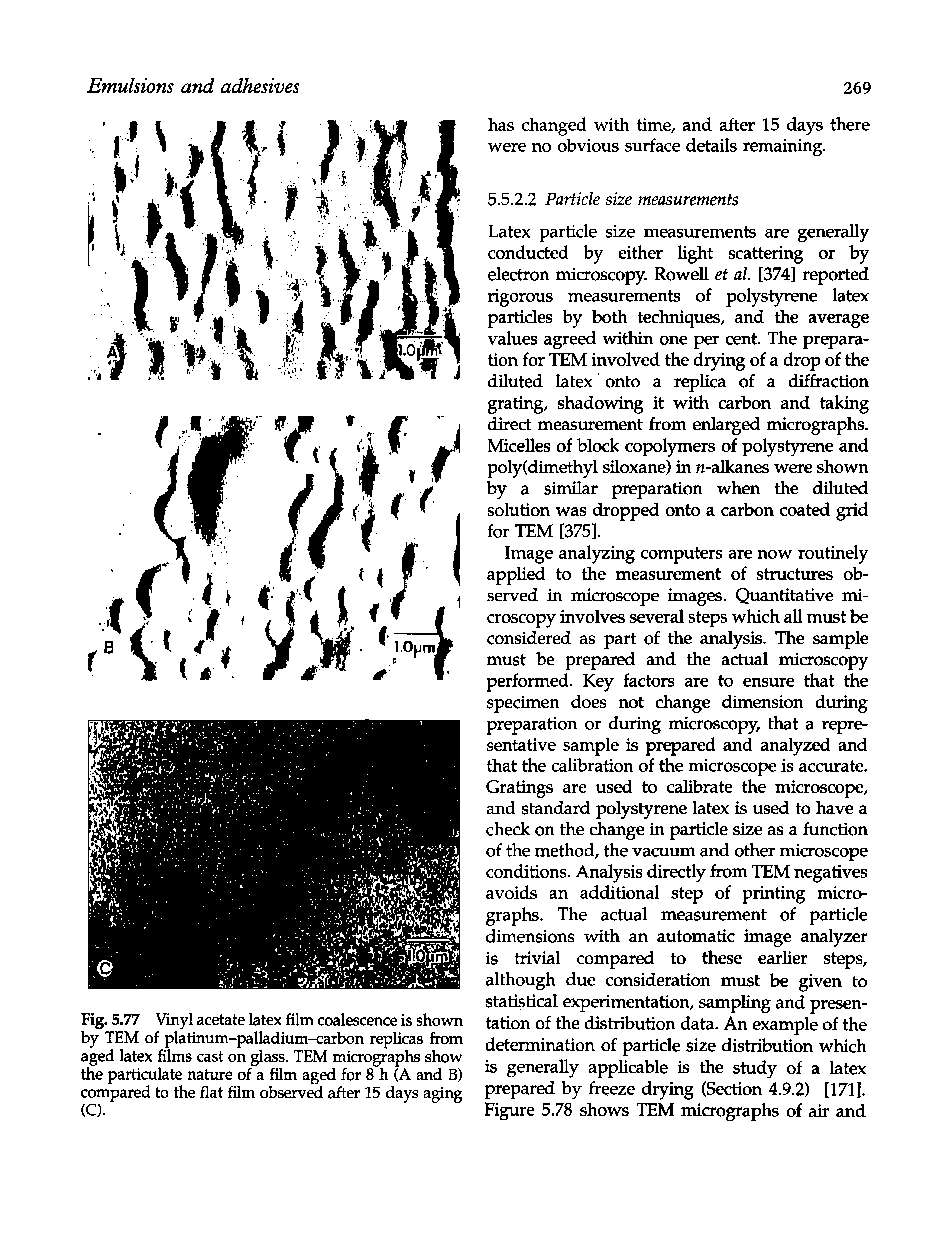 Fig. 5.77 Vinyl acetate latex film coalescence is shown by TEM of platinum-palladium-carbon replicas from aged latex films cast on glass. TEM micrographs show the particulate nature of a film aged for 8 h (A and B) compared to the flat film observed after 15 days aging (C).