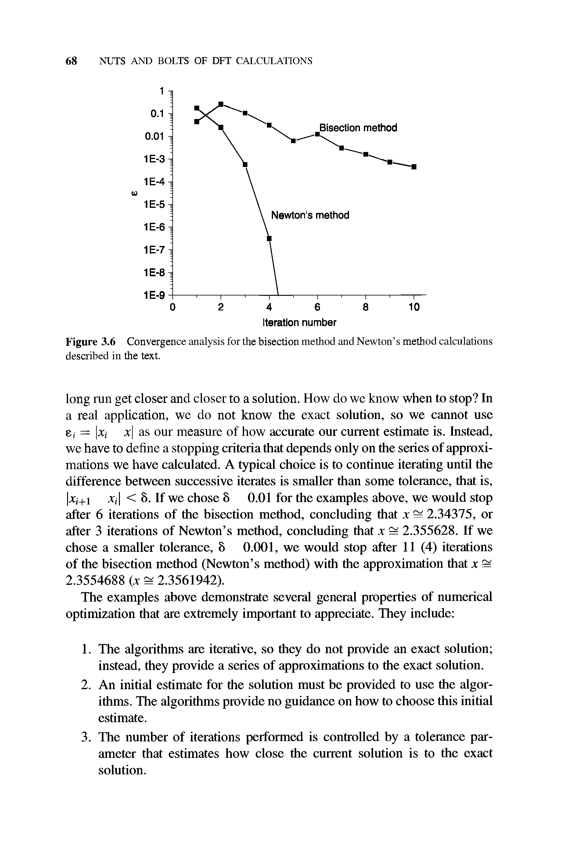 Figure 3.6 Convergence analysis for the bisection method and Newton s method calculations described in the text.