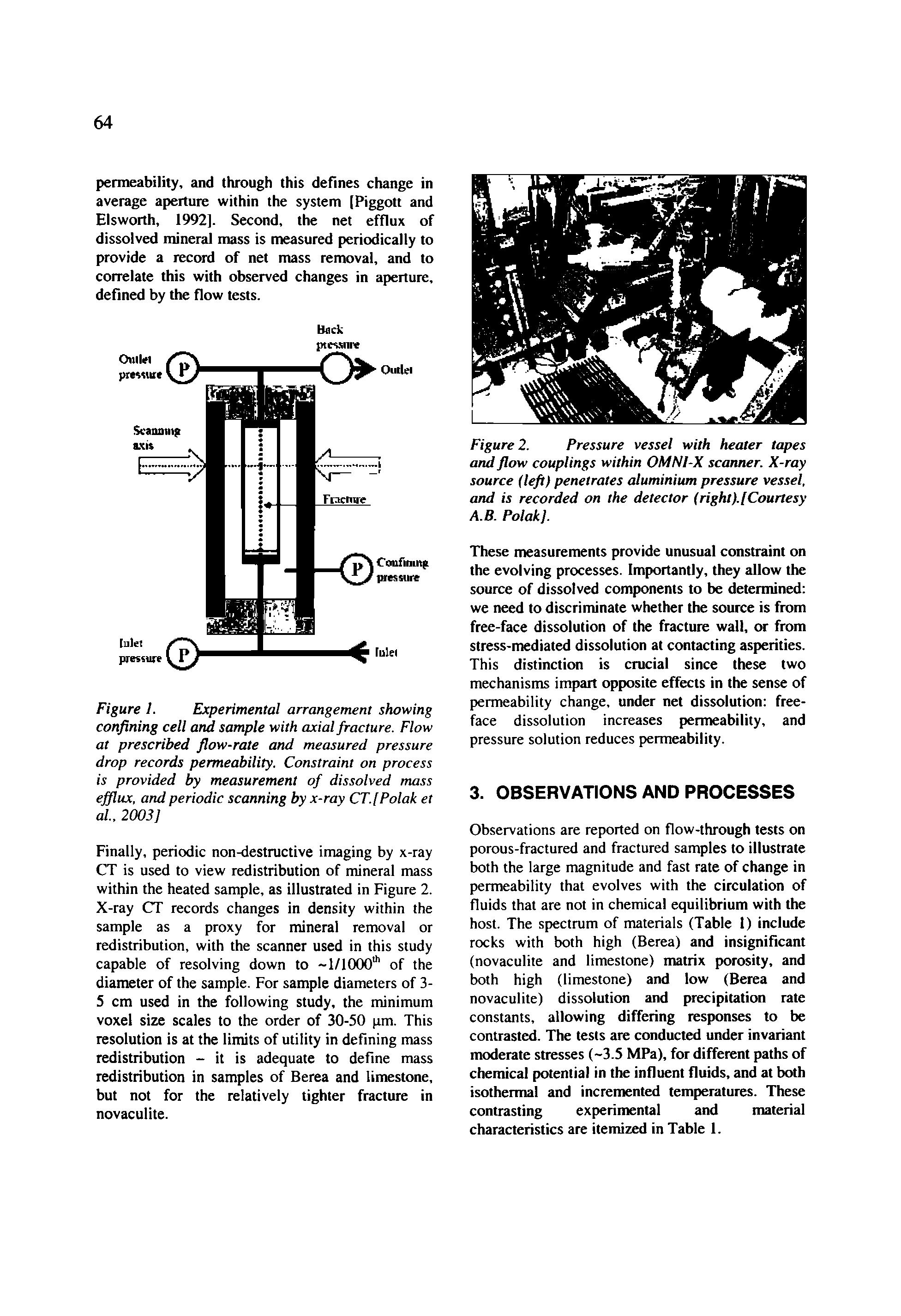Figure I. Experimental arrangement showing confining cell and sample with axial fracture. Flow at prescribed flow-rate and measured pressure drop records permeability. Constraint on process is provided by measurement of dissolved mass efflux, and periodic scanning by x-ray CT.[Polak et ai, 2003]...