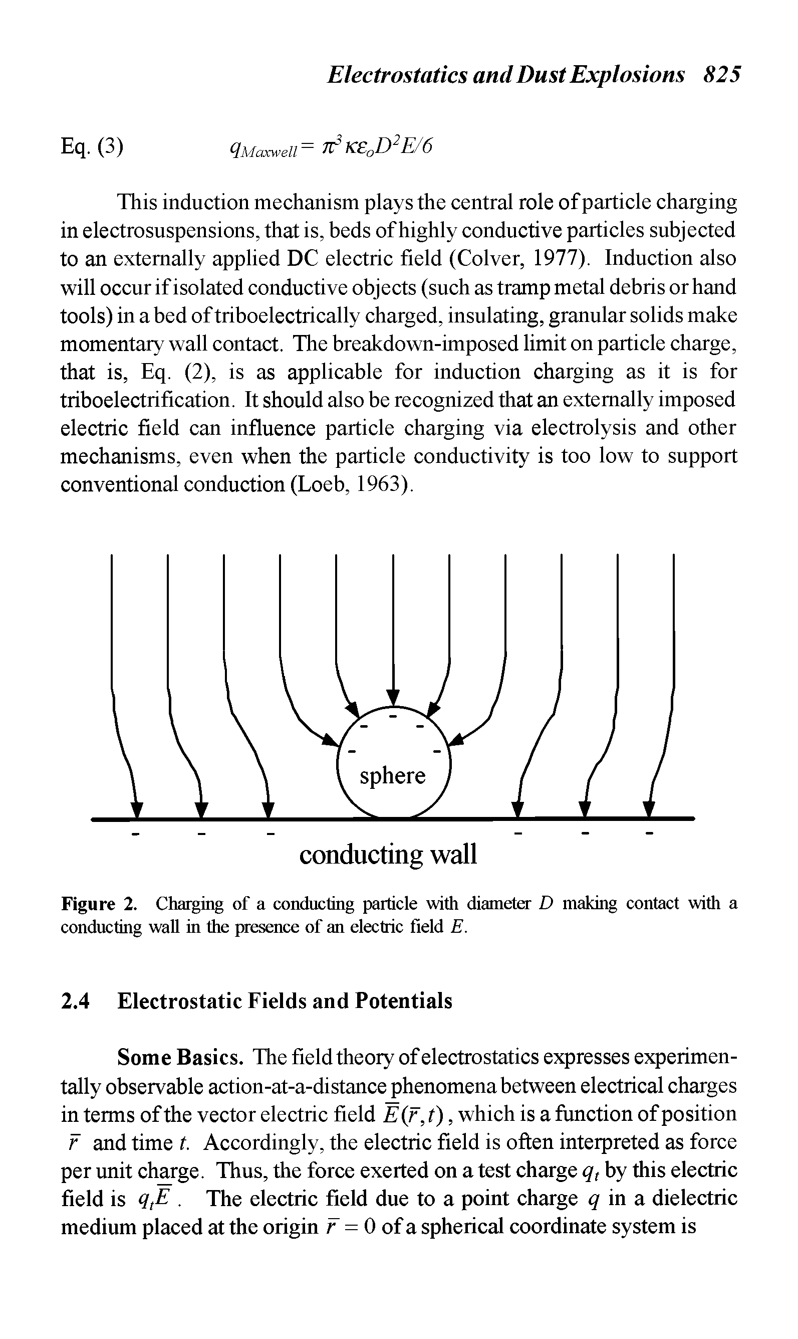 Figure 2. Charging of a conducting particle with diameter D making contact with a conducting wall in the presence of an electric field E.