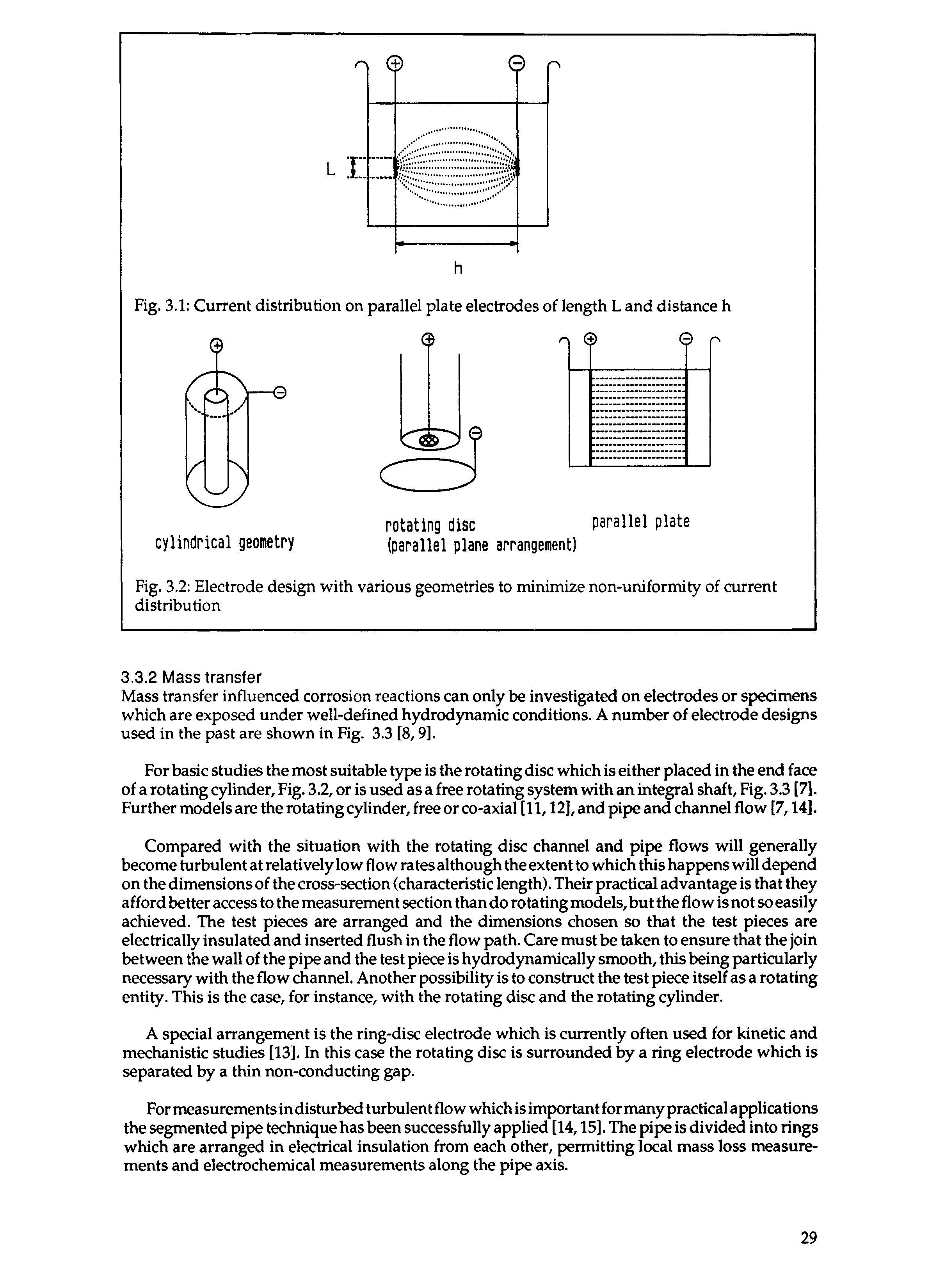 Fig. 3.2 Electrode design with various geometries to minimize non-uniformity of current distribution...