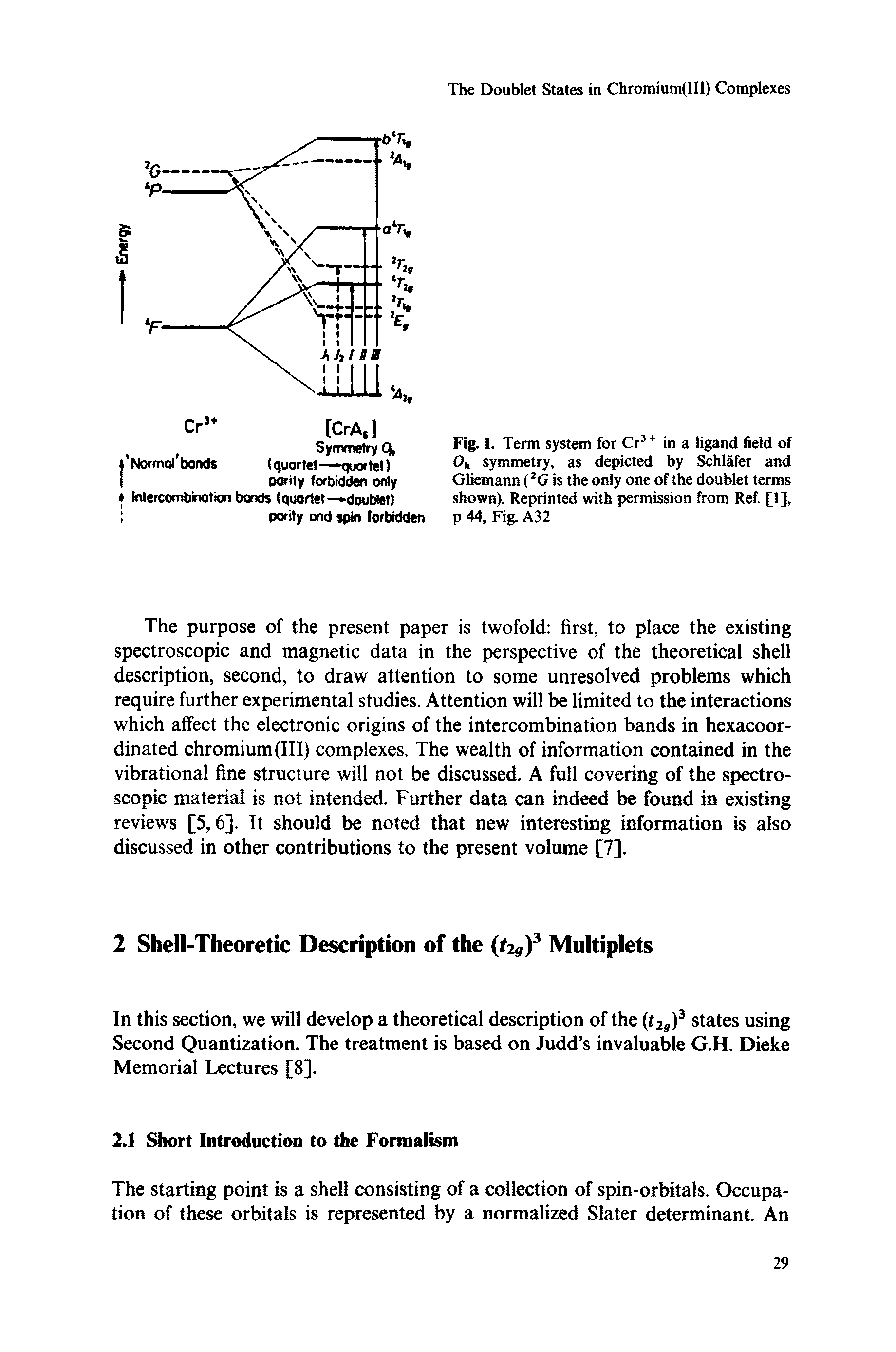 Fig. 1. Term system for Cr3 + in a ligand field of Oh symmetry, as depicted by Schlafer and Gliemann (2G is the only one of the doublet terms shown). Reprinted with permission from Ref. [1], p 44, Fig. A32...