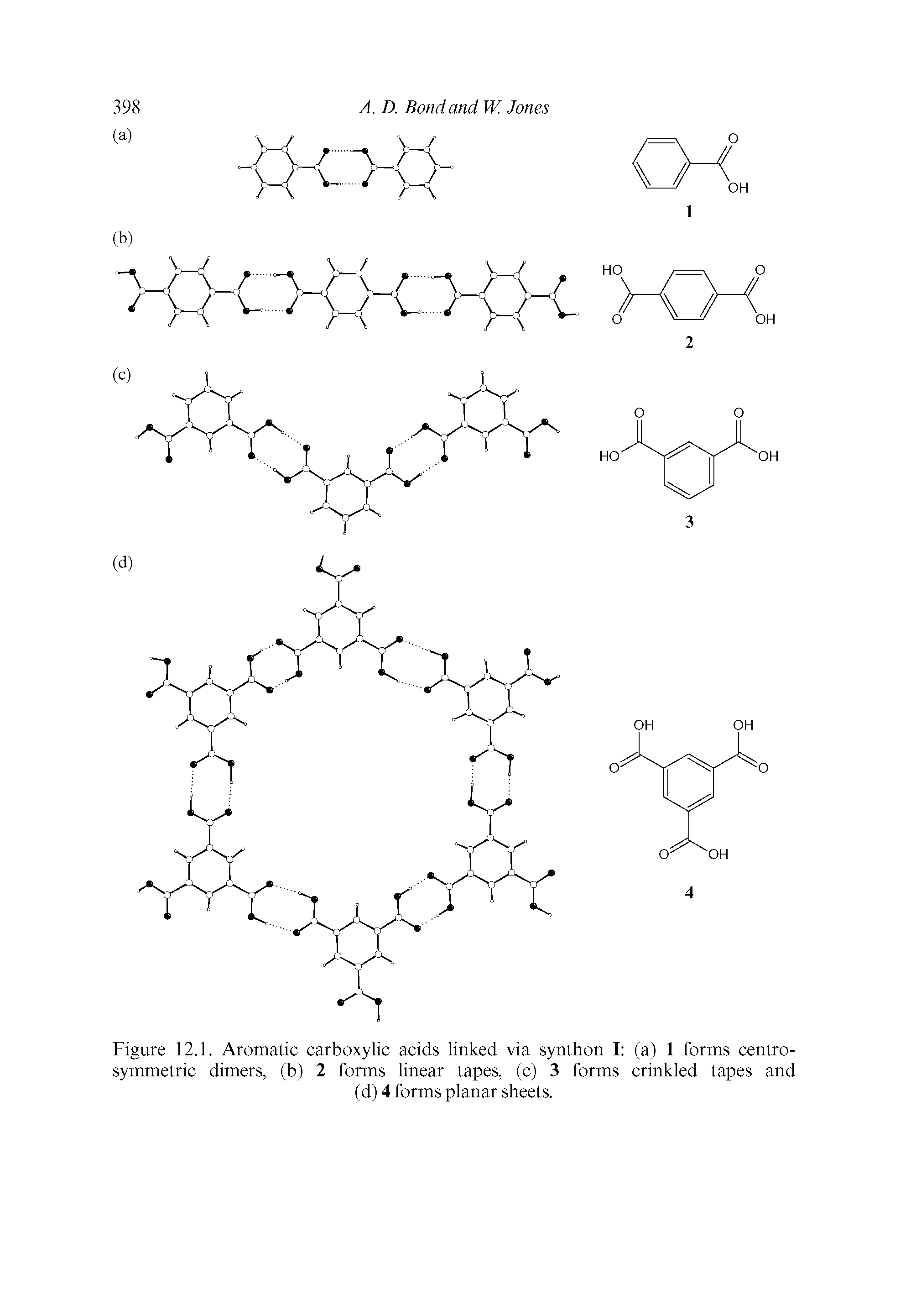 Figure 12.1. Aromatic carboxylic acids linked via synthon I (a) 1 forms centro-symmetric dimers, (b) 2 forms linear tapes, (c) 3 forms crinkled tapes and...