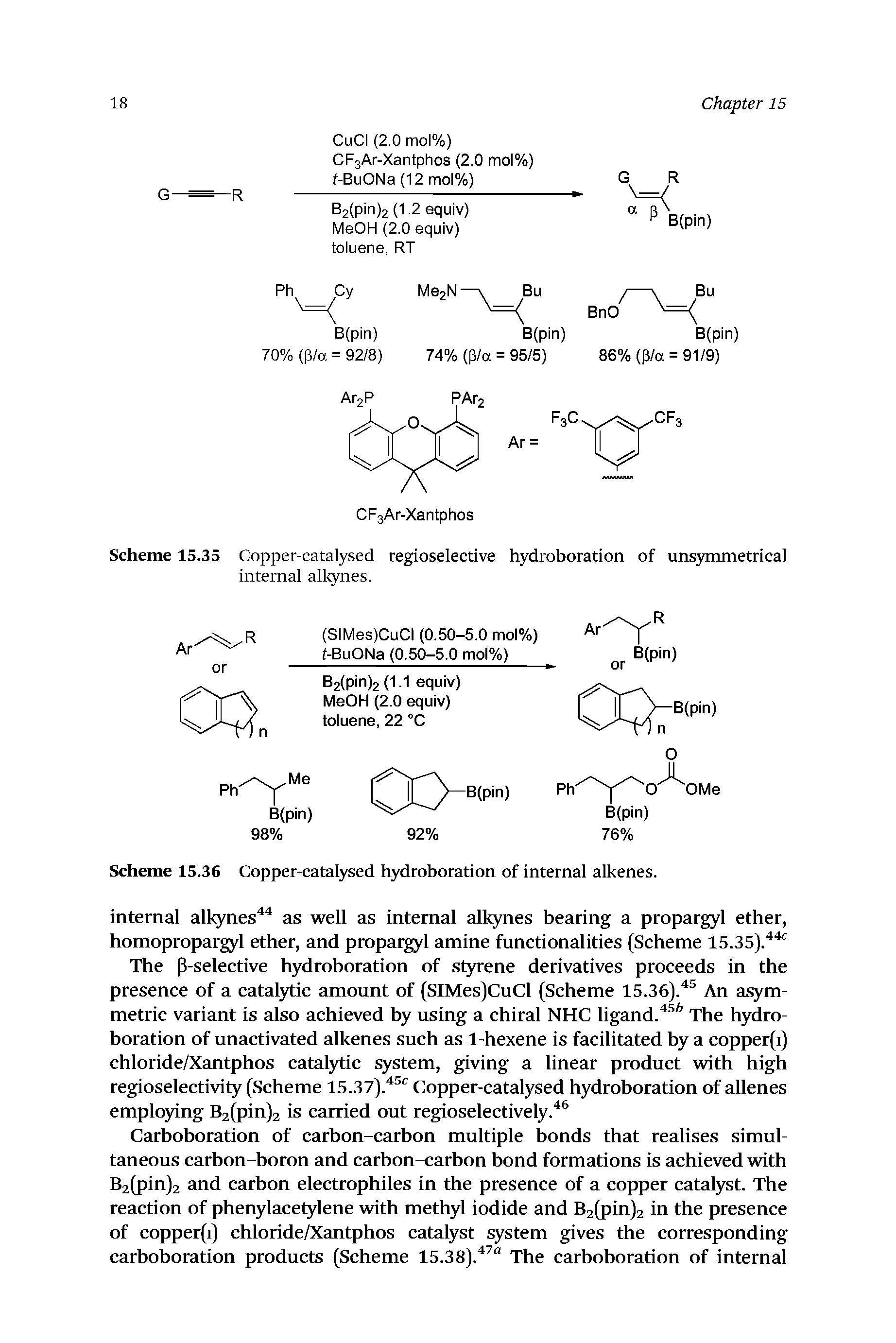 Scheme 15.36 Copper-catalysed hydroboration of internal alkenes.