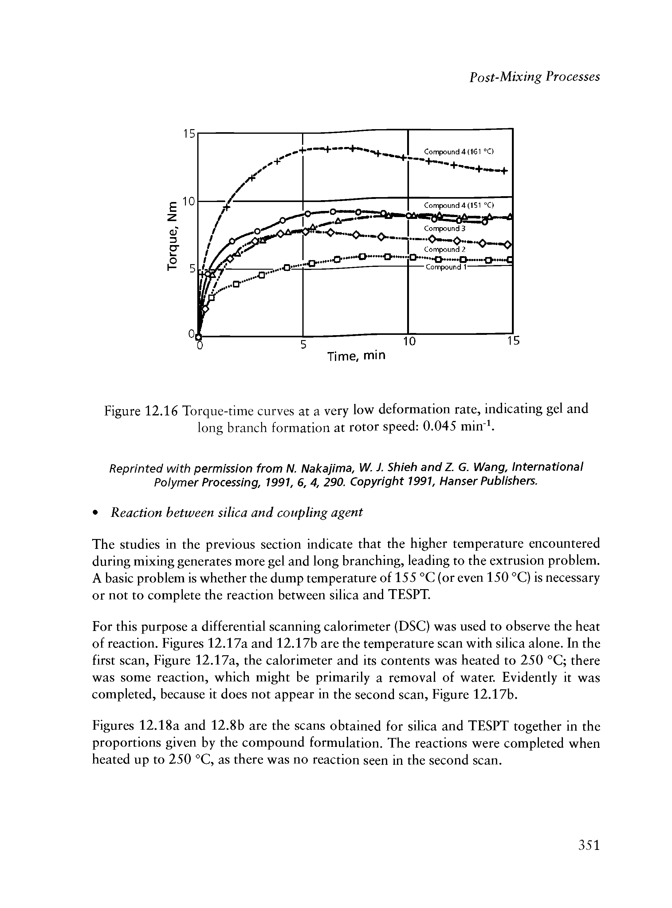 Figure 12.16 Torque-time curves at a very low deformation rate, indicating gel and long branch formation at rotor speed 0.045 min. ...