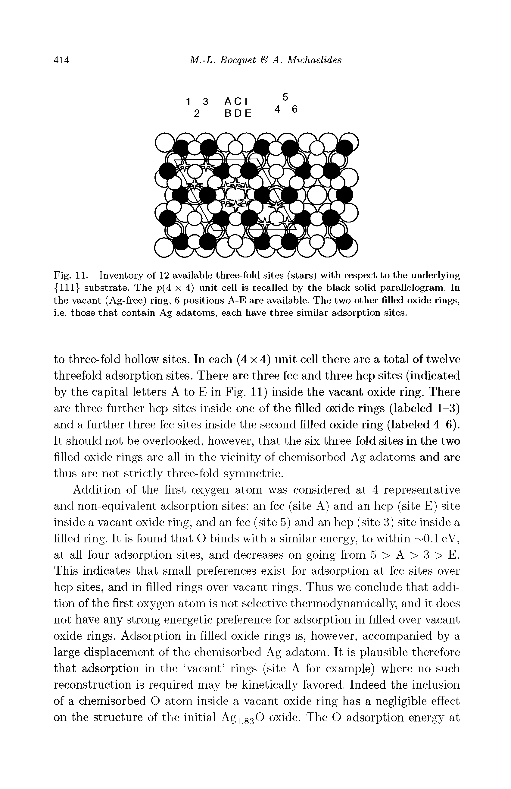 Fig. 11. Inventory of 12 available three-fold sites (stars) with respect to the underlying 111 substrate. The p(4 x 4) unit cell is recalled by the black solid parallelogram. In the vacant (Ag-free) ring, 6 positions A-E are available. The two other filled oxide rings, i.e. those that contain Ag adatoms, each have three similar adsorption sites.