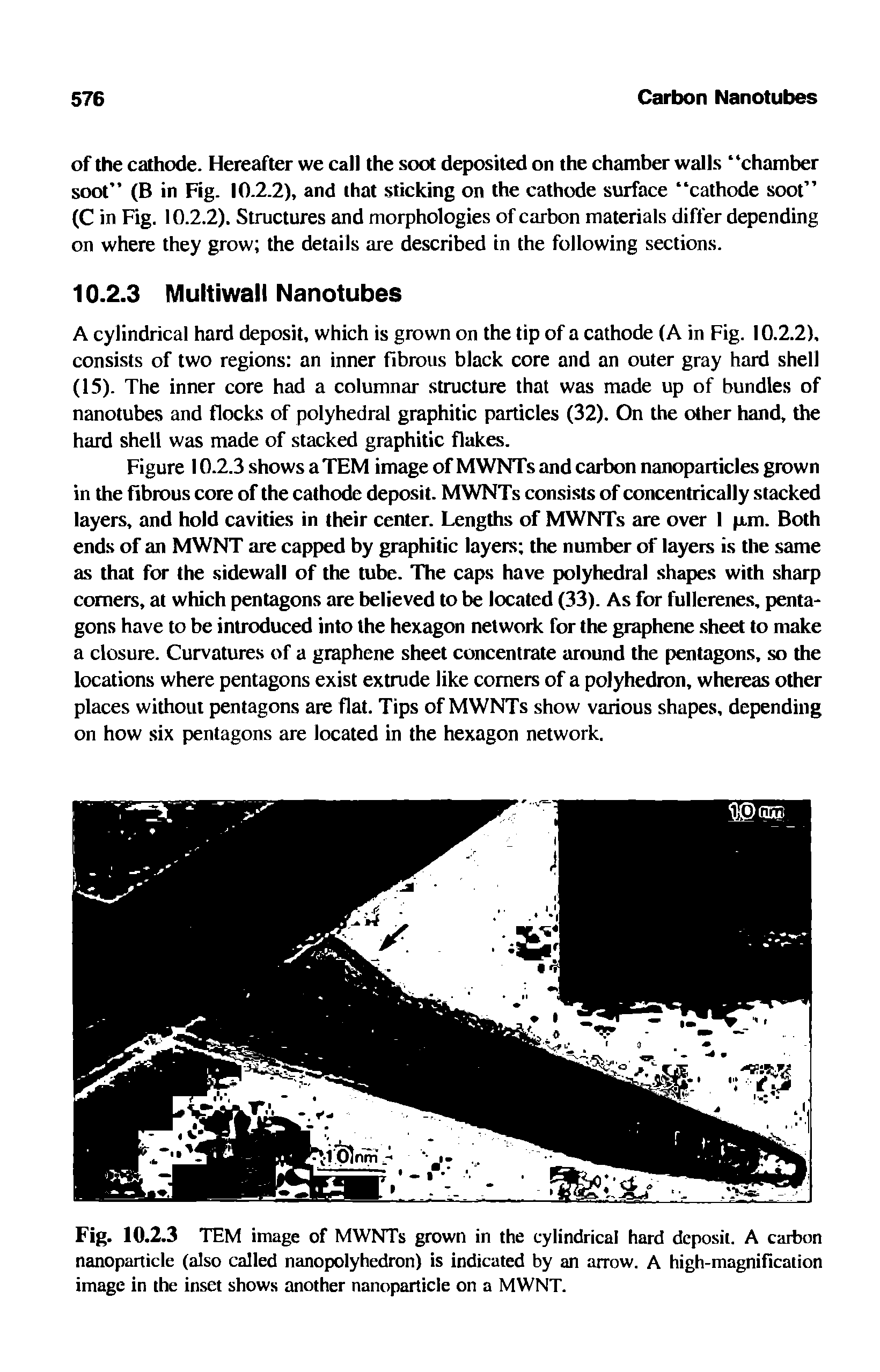 Fig. 10.2.3 TEM image of MWNTs grown in the cylindrical hard deposit. A carbon nanoparticle (also called nanopolyhedron) is indicated by an arrow. A high-magnification image in the inset shows another nanoparticle on a MWNT.