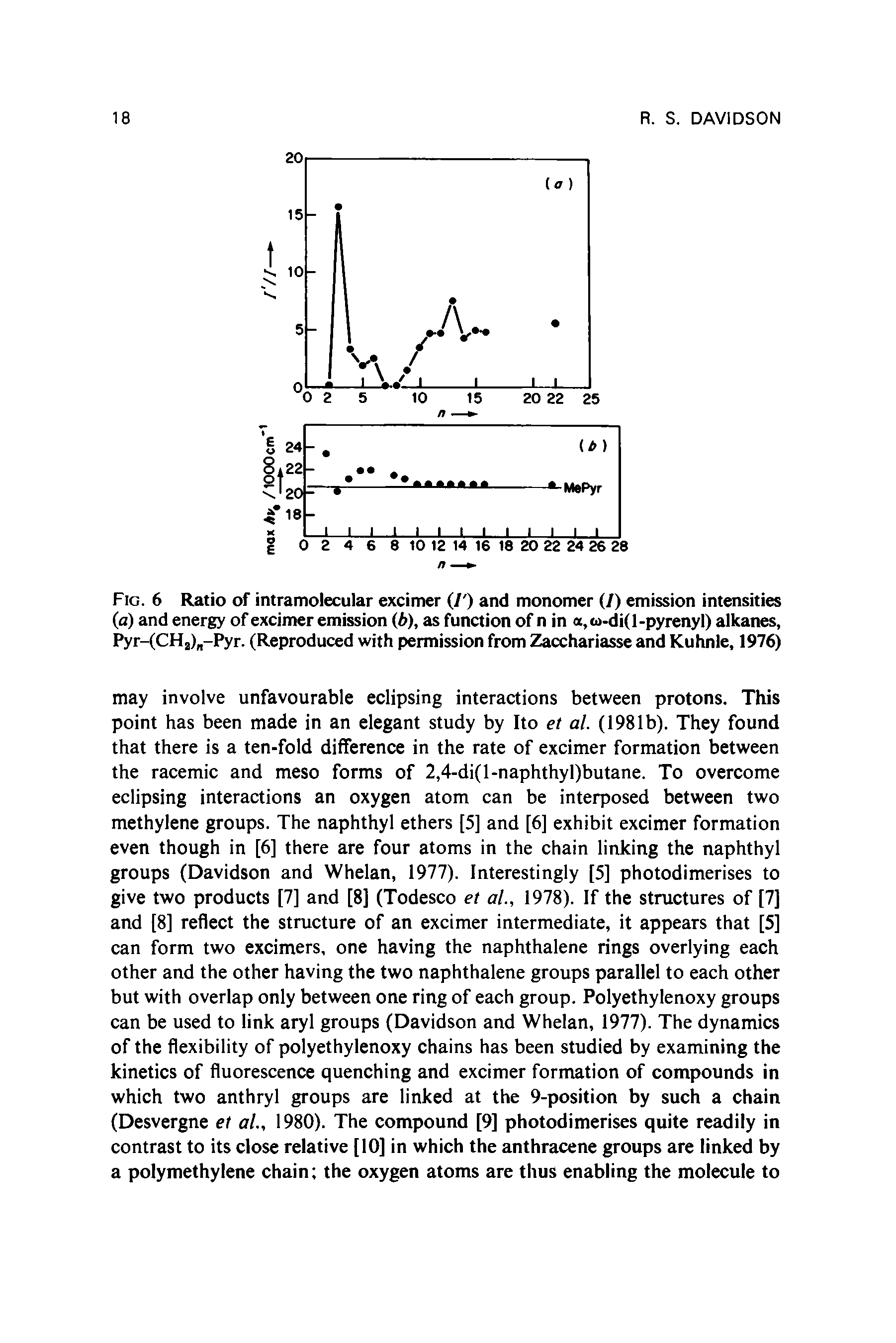 Fig. 6 Ratio of intramolecular excimer (/ ) and monomer (/) emission intensities (a) and energy of excimer emission (b), as function of n in a,co-di(l-pyrenyl) alkanes, Pyr-(CHa) -Pyr. (Reproduced with permission from Zacchariasse and Kuhnle, 1976)...