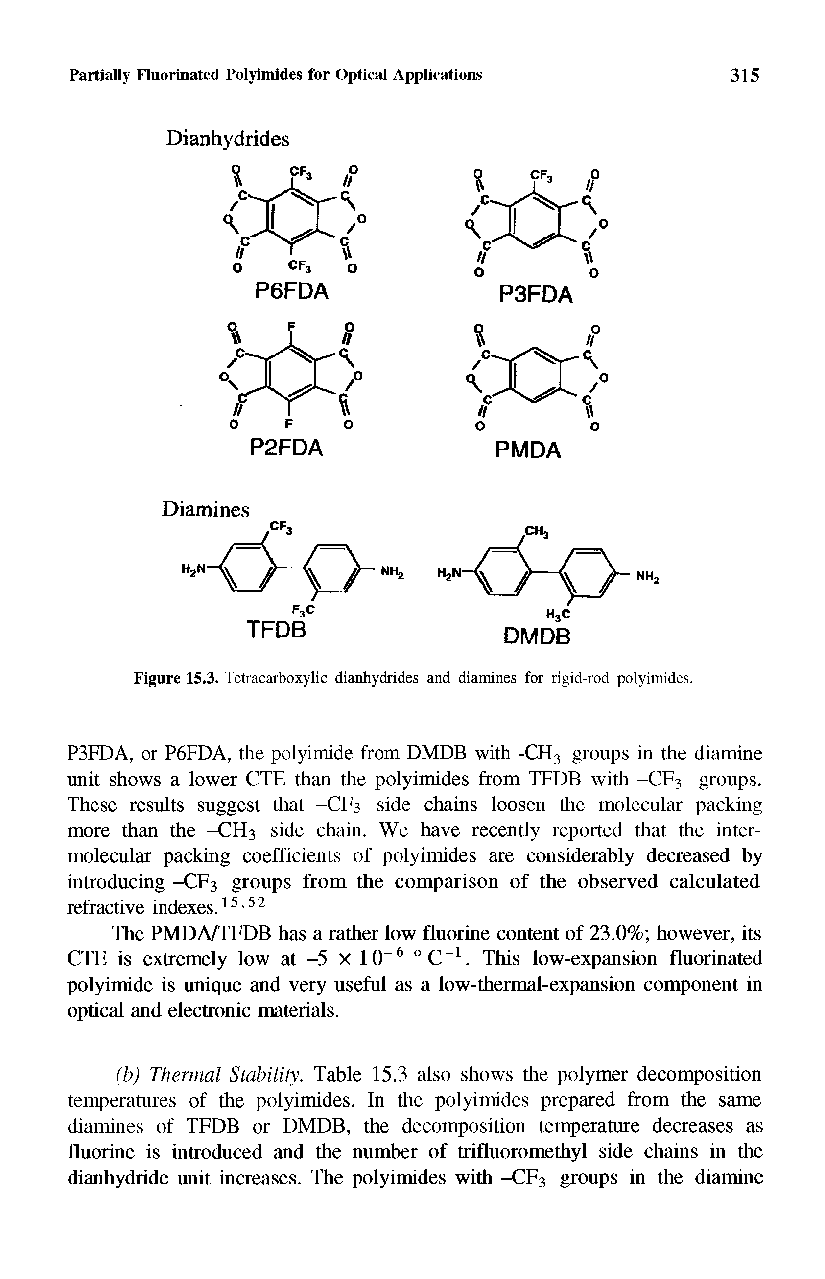 Figure 15.3. Tetracarboxylic dianhydrides and diamines for rigid-rod polyimides.