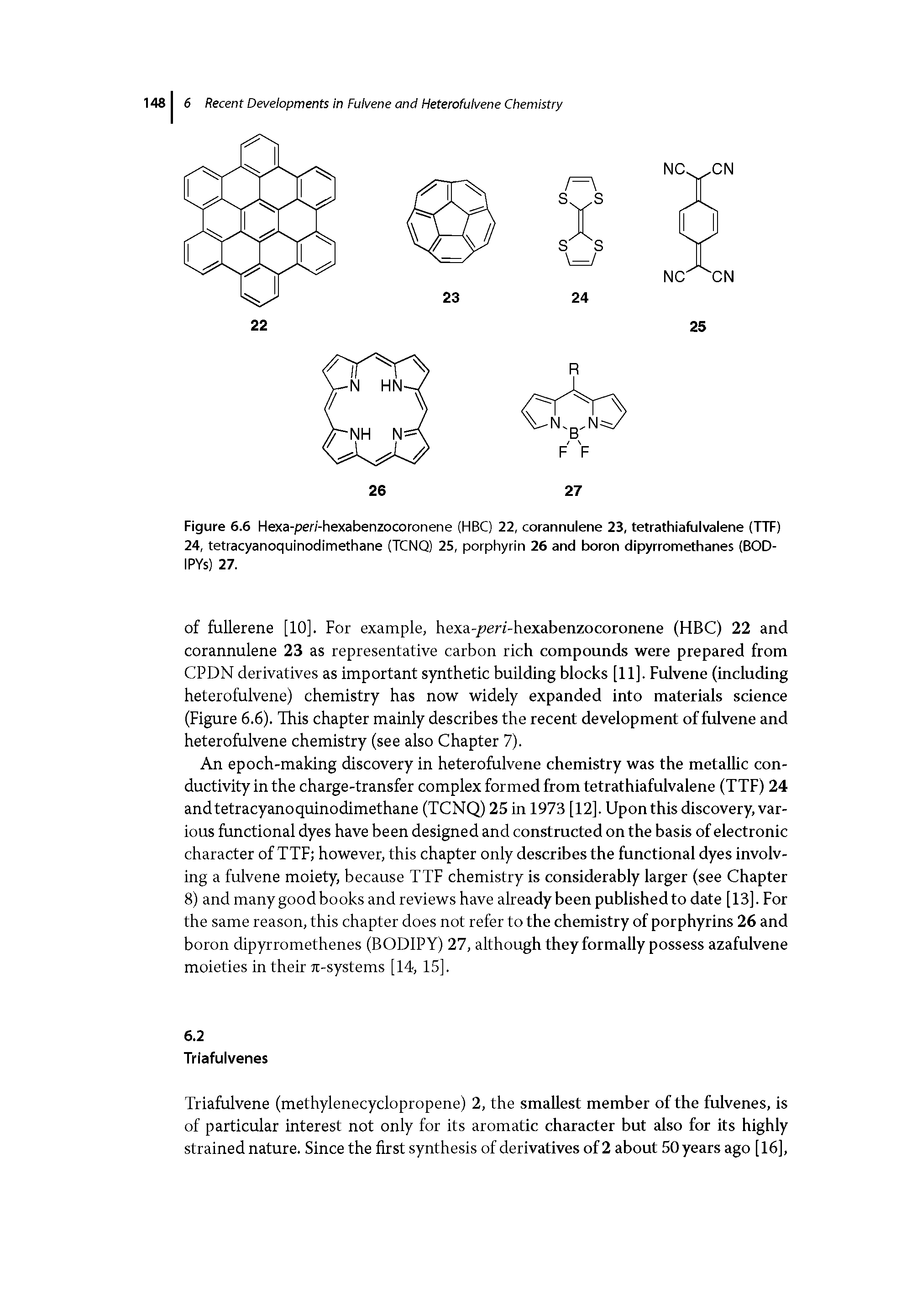 Figure 6.6 Hexa-pen-hexabenzocoronene (HBC) 22, corannulene 23, tetrathiaftjivalene (TTF) 24, tetracyanoquinodimethane (TCNQ) 25, porphyrin 26 and boron dipyrromethanes (BOD-IPYs) 27.