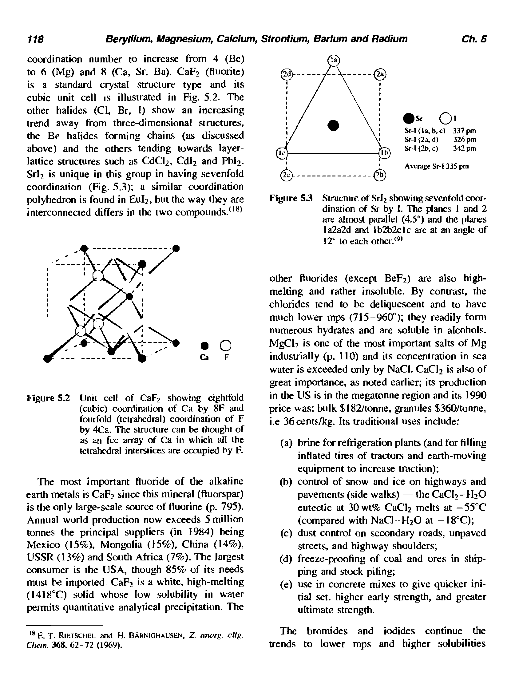 Figure 5.2 Unit cell of CaF2 showing eightfold (cubic) coordination of Ca by 8F and fourfold (tetrahedral) coordination of F by 4Ca. The structure can be thought of as an fee array of Ca in which all the tetrahedral interstices are occupied by F.