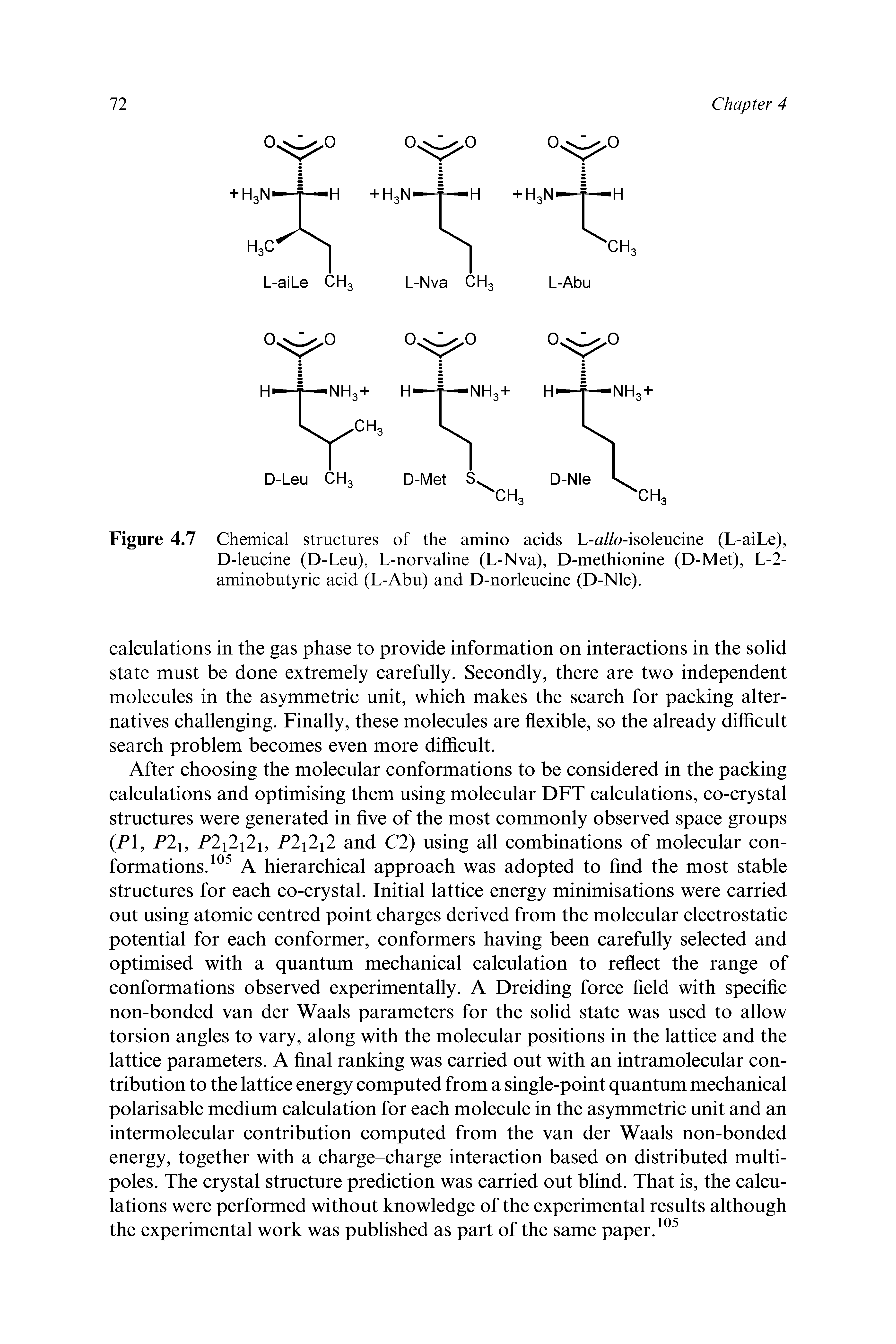 Figure 4.7 Chemical structures of the amino acids L- //o-isoleucine (L-aiLe), D-leucine (D-Leu), L-norvaline (L-Nva), D-methionine (D-Met), L-2-aminobutyric acid (L-Abu) and D-norleucine (D-Nle).