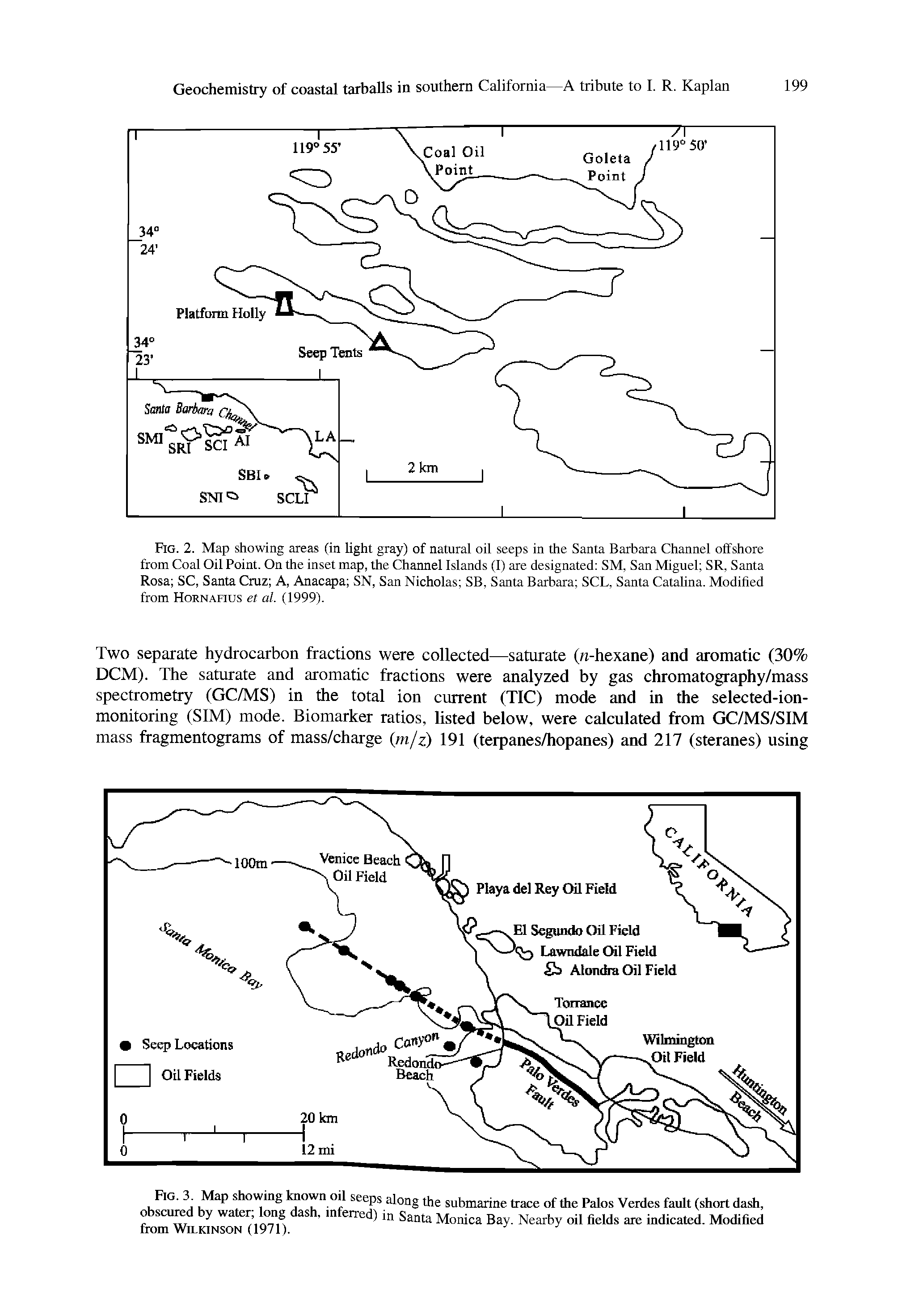 Fig. 2. Map showing areas (in light gray) of natural oil seeps in the Santa Barbara Channel offshore from Coal Oil Point. On the inset map, the Channel Islands (1) are designated SM, San Miguel SR, Santa Rosa SC, Santa Cruz A, Anacapa SN, San Nicholas SB, Santa Barbara SCL, Santa Catalina. Modified from Hornahus et al. (1999).