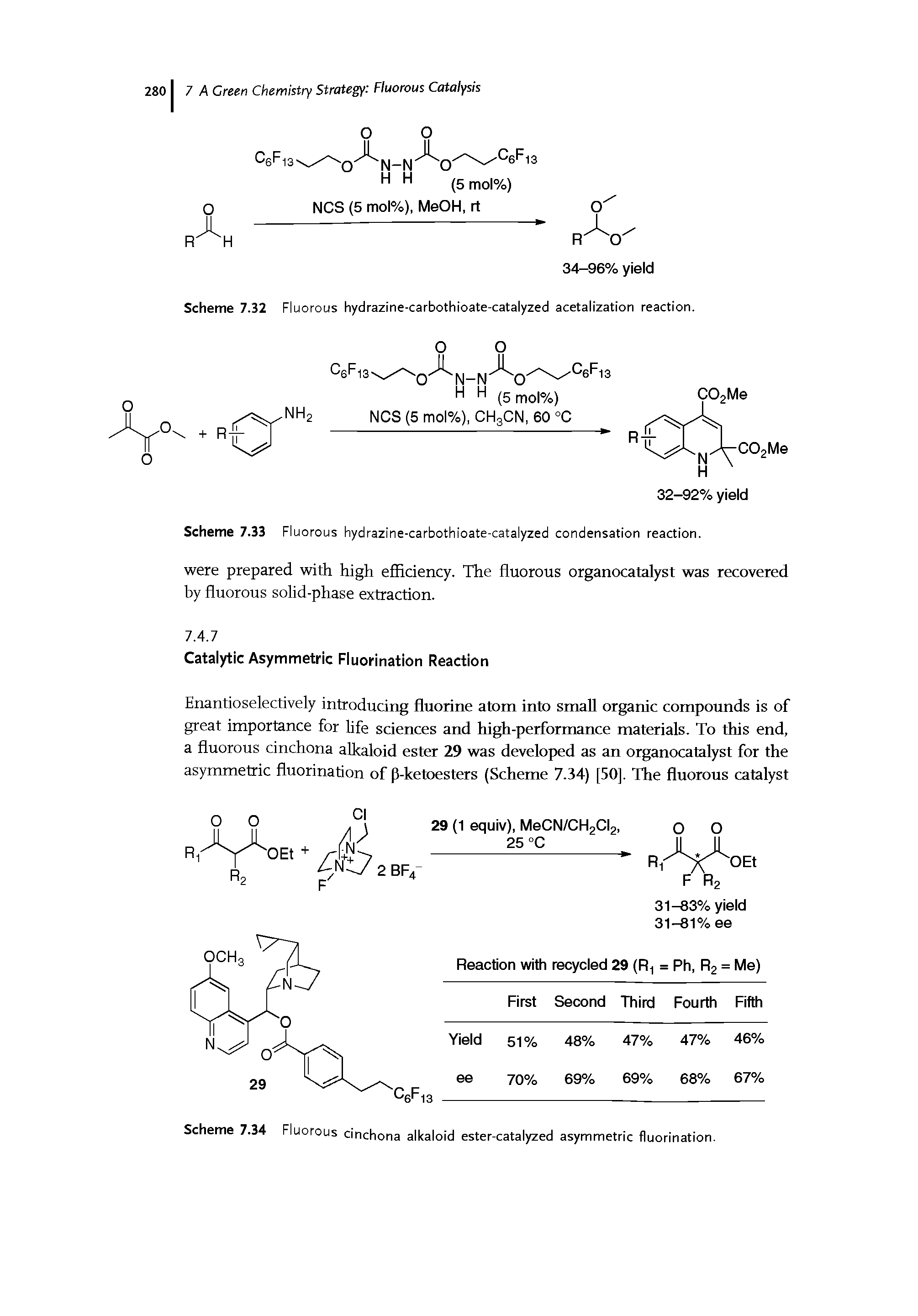 Scheme 7.34 Fluorous cinchona alkaloid ester-catalyzed asymmetric fluorination.