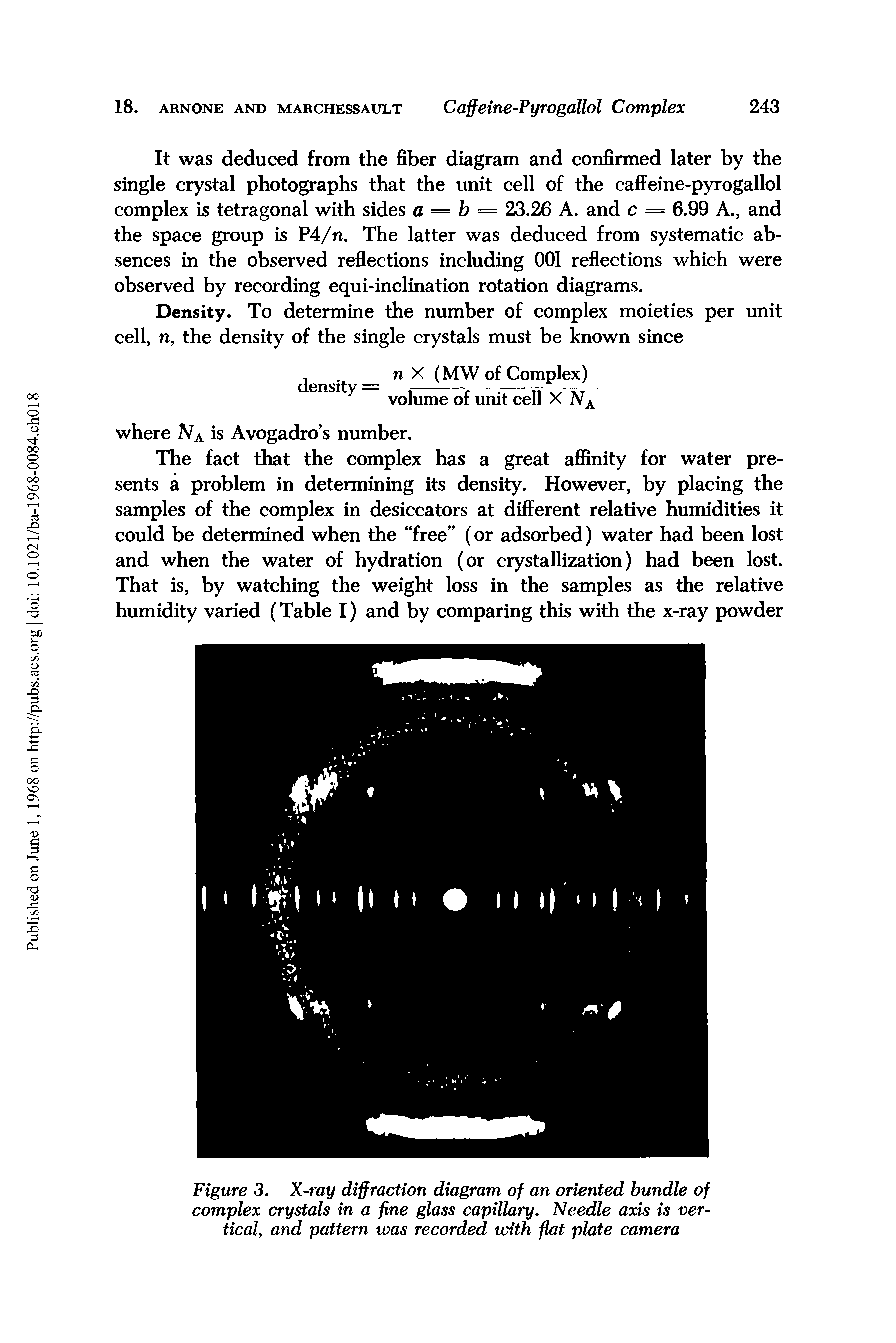 Figure 3. X-ray diffraction diagram of an oriented bundle of complex crystals in a fine glass capillary. Needle axis is vertical, and pattern was recorded with flat plate camera...