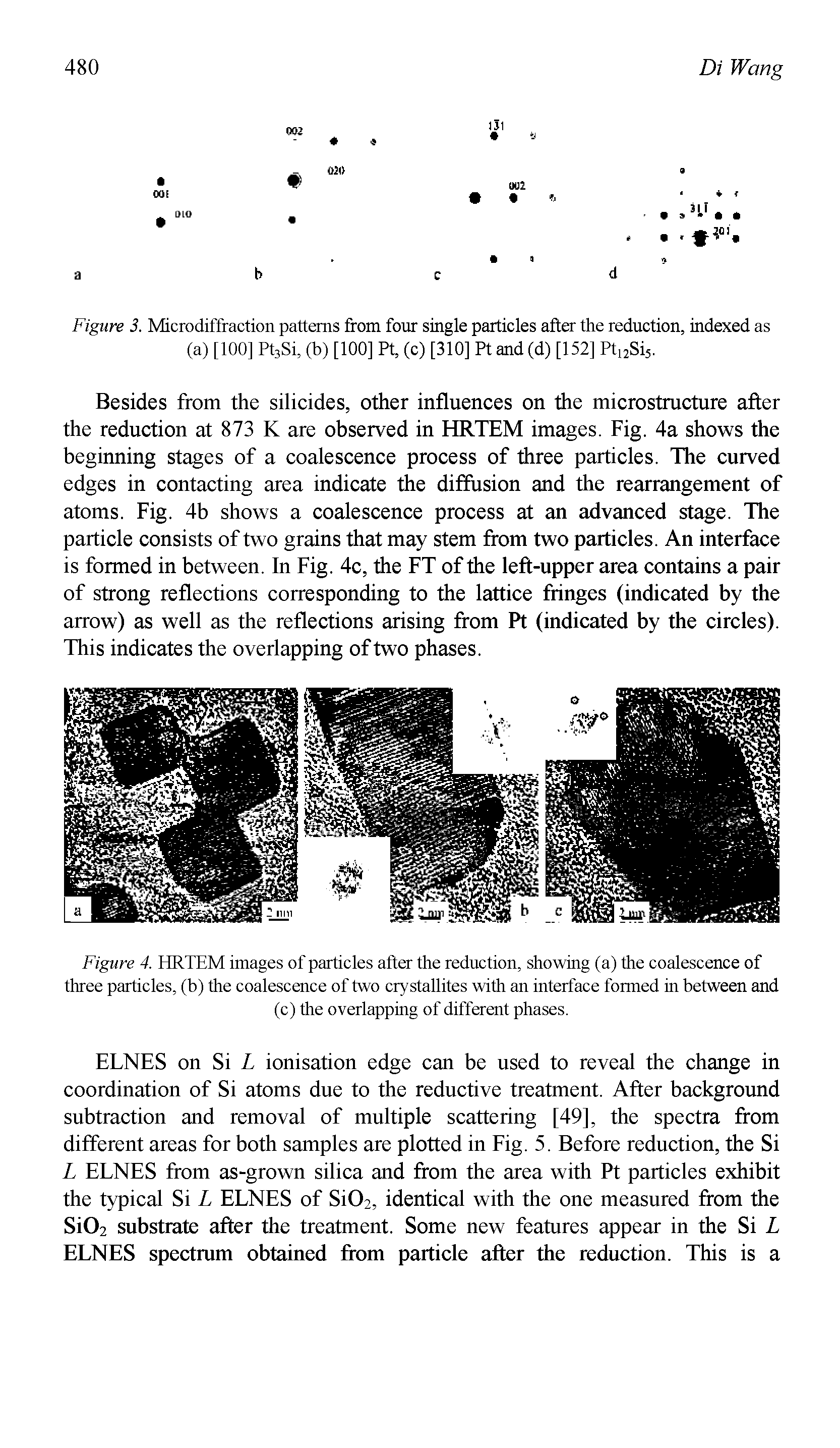 Figure 3. Microdiffraction patterns from four single particles after the reduction, indexed as (a) [100] PtsSi, (b) [100] Pt, (c) [310] Pt and (d) [152] Pt Sis.