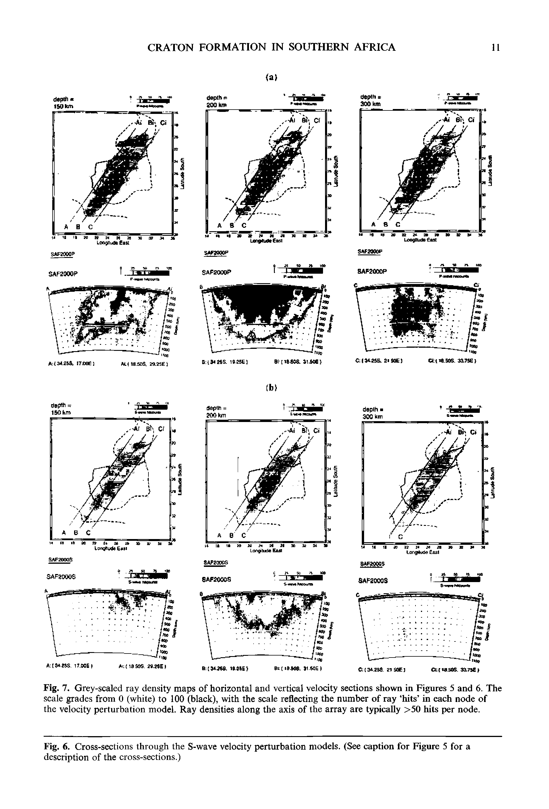 Fig. 6. Cross-sections through the S-wave velocity perturbation models. (See caption for Figure 5 for a description of the cross-sections.)...