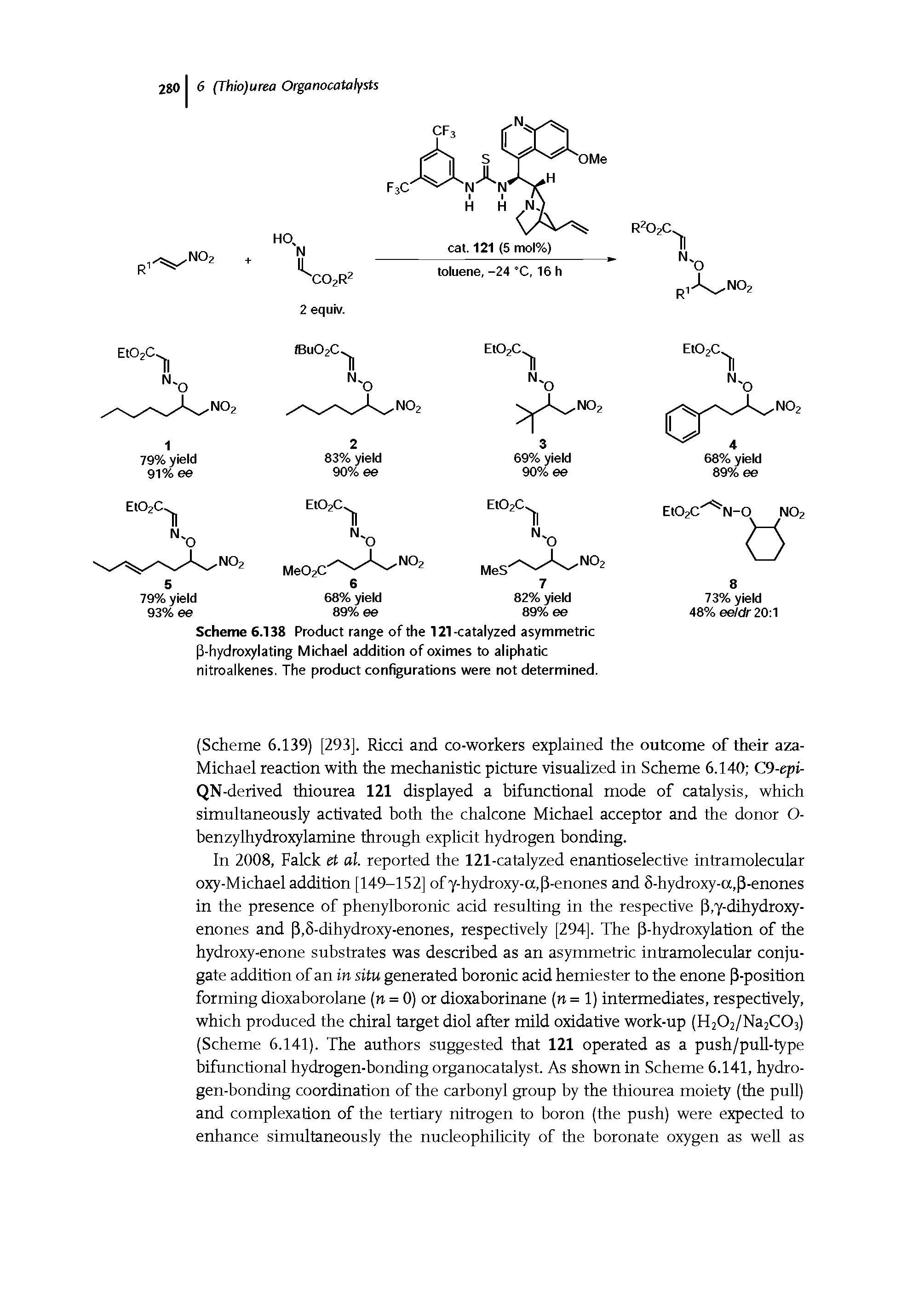 Scheme 6.138 Product range of the 121-catalyzed asymmetric (3-hydroxylating Michael addition of oximes to aliphatic nitroalkenes. The product configurations were not determined.