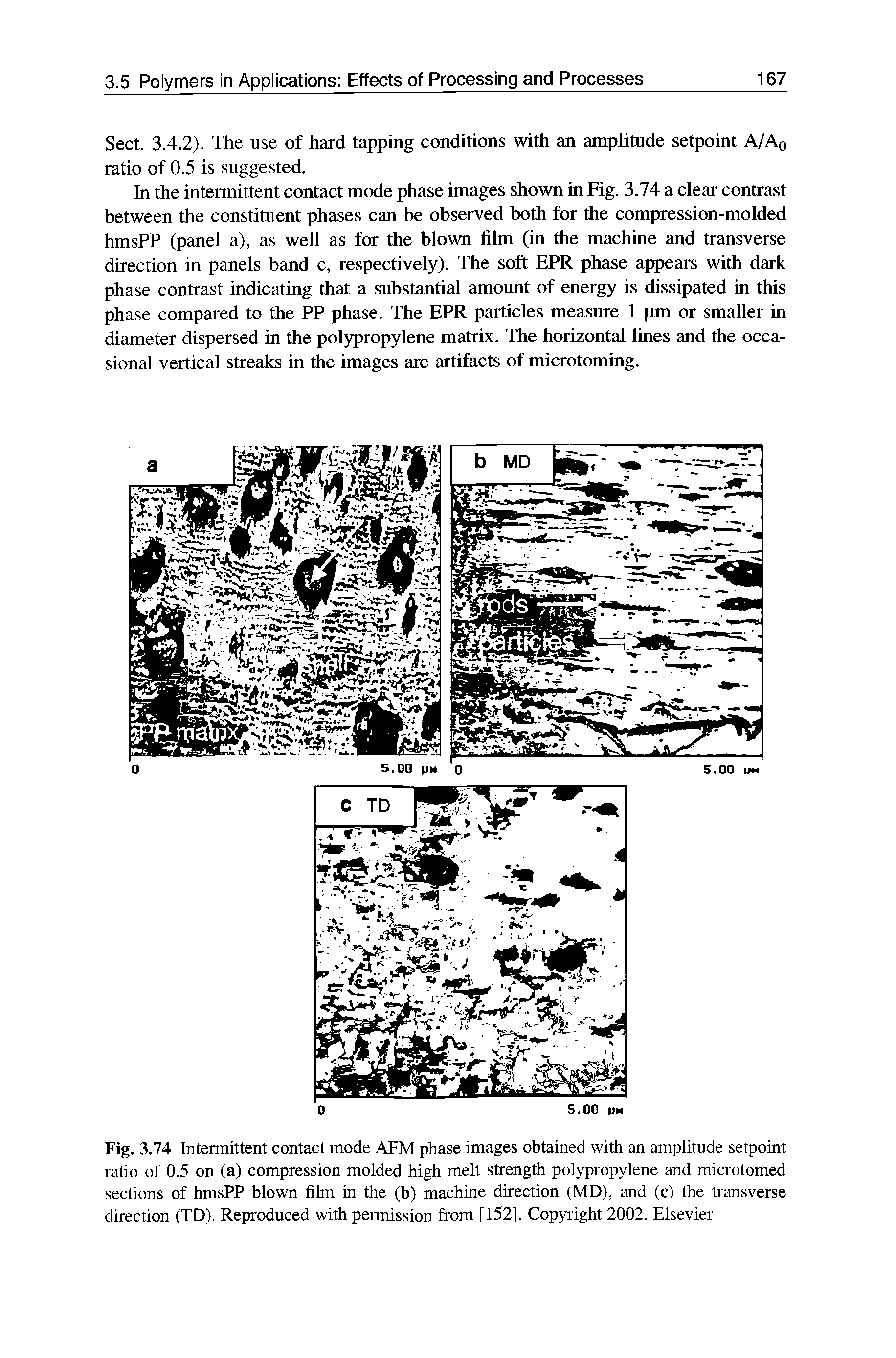 Fig. 3.74 Intermittent contact mode AFM phase images obtained with an amplitude setpoint ratio of 0.5 on (a) compression molded high melt strength polypropylene and microtomed sections of hmsPP blown film in the (b) machine direction (MD), and (c) the transverse direction (TD). Reproduced with permission from [152]. Copyright 2002. Elsevier...