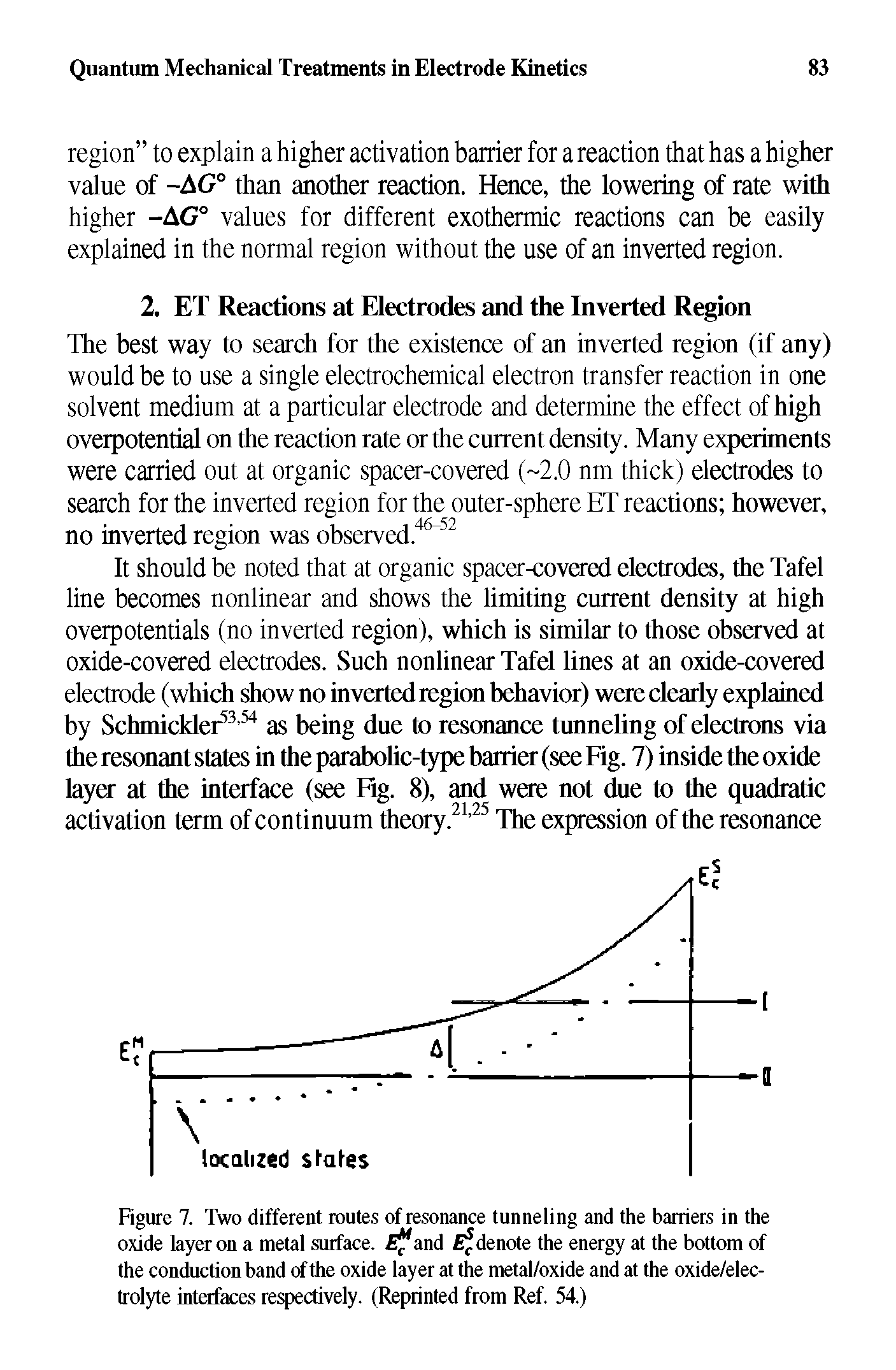 Figure 7. Two different routes of resonance tunneling and the barriers in the oxide layer on a metal surface. f and denote the energy at the bottom of the conduction band of the oxide layer at the metal/oxide and at the oxide/elec-trolyte interfaces respectively. (Reprinted from Ref. 54.)...