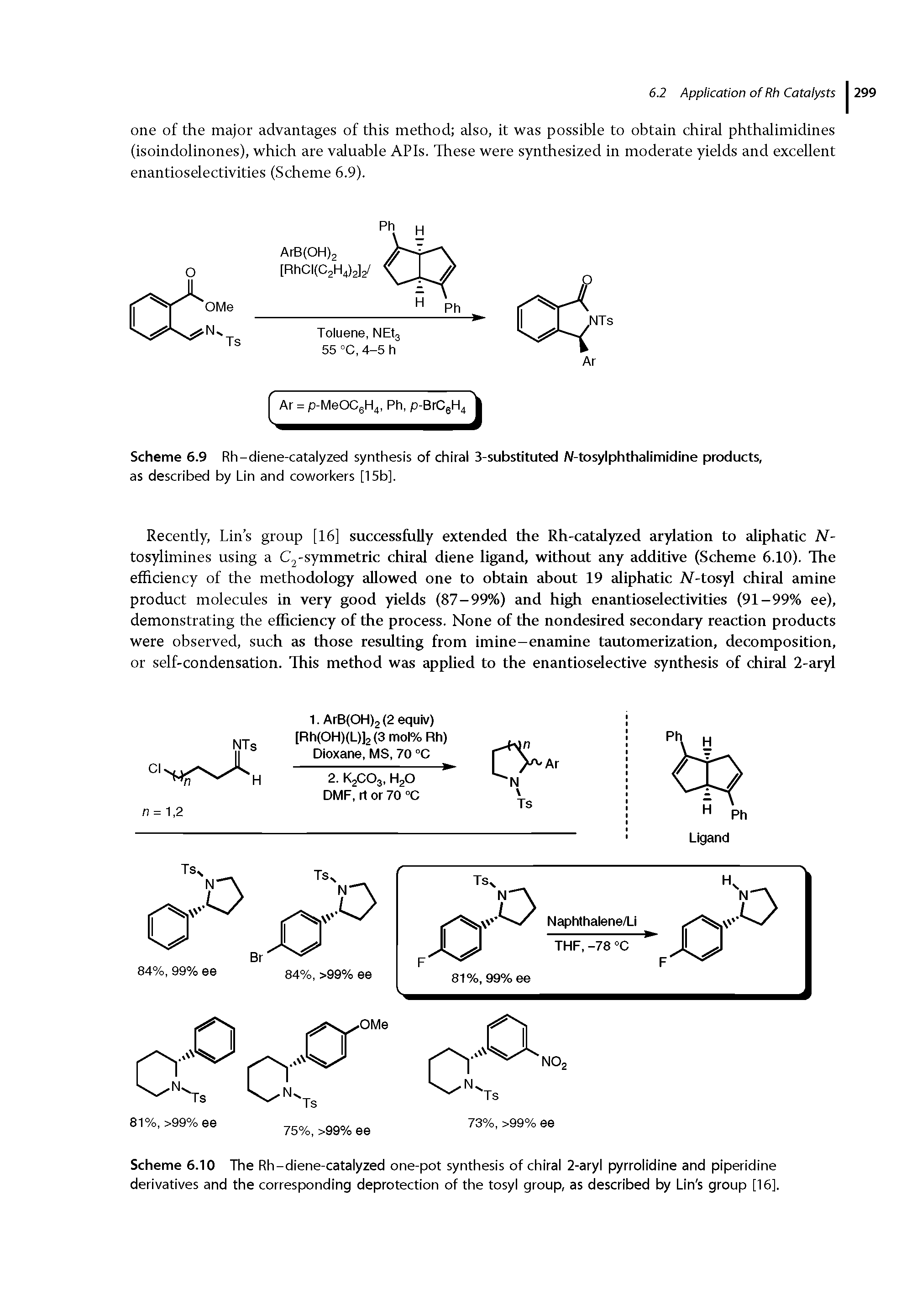 Scheme 6.10 The Rh-diene-catalyzed one-pot synthesis of chiral 2-aryl pyrrolidine and piperidine derivatives and the corresponding deprotection of the tosyl group, as described by Lin s group [16],...