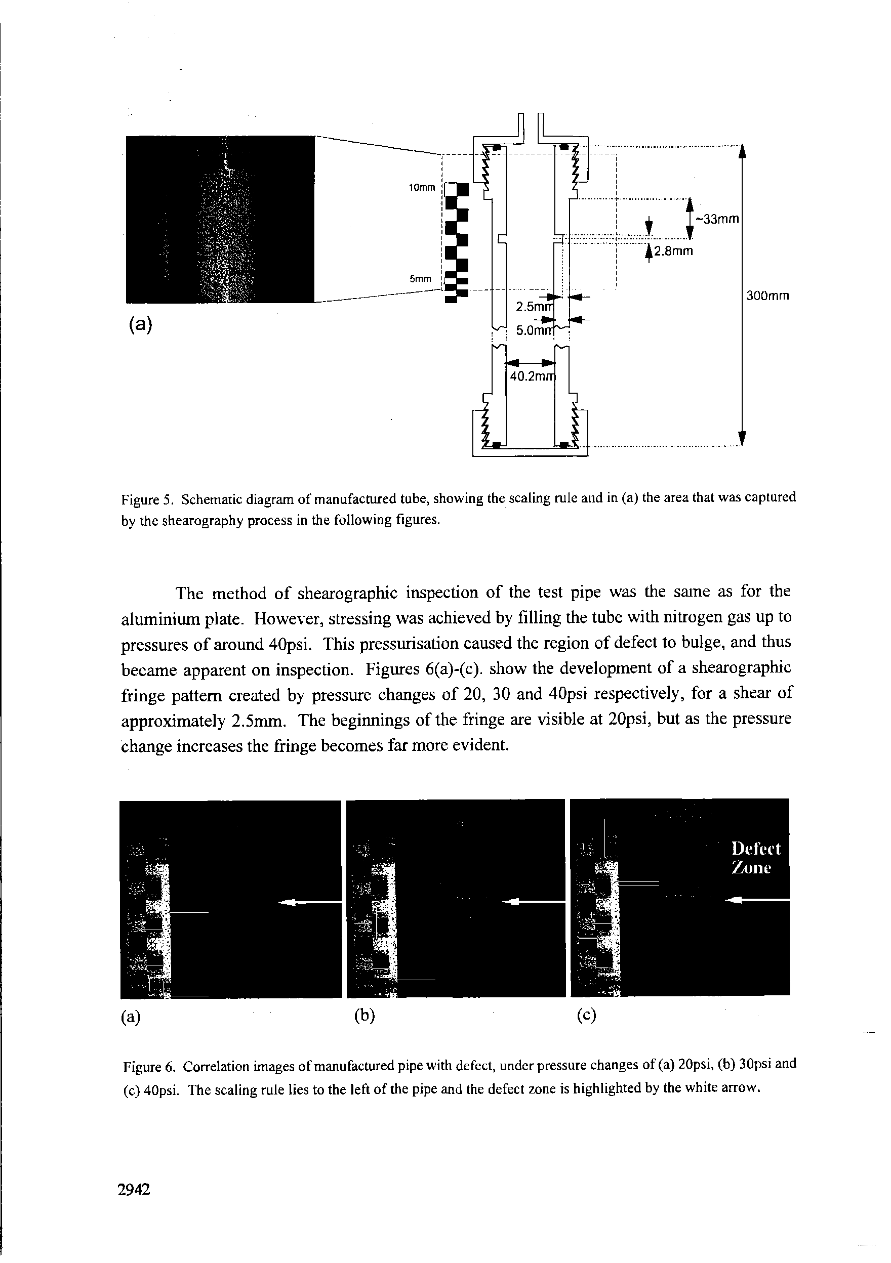 Figure 6. Correlation images of manufactured pipe with defect, under pressure changes of (a) 20psi, (b) 30psi and (e) 40psi. The sealing rule lies to the left of the pipe and the defect zone is highlighted by the white arrow.