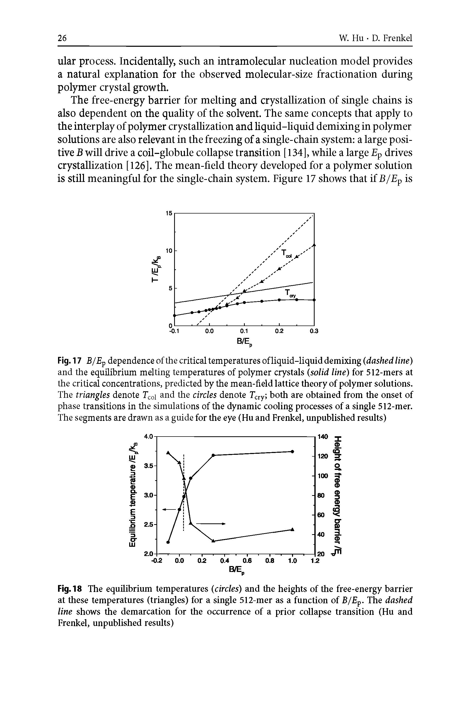 Fig. 17 B/E-p dependence of the critical temperatures of liquid-liquid demixing (dashed line) and the equilibrium melting temperatures of polymer crystals (solid line) for 512-mers at the critical concentrations, predicted by the mean-field lattice theory of polymer solutions. The triangles denote Tcol and the circles denote T cry both are obtained from the onset of phase transitions in the simulations of the dynamic cooling processes of a single 512-mer. The segments are drawn as a guide for the eye (Hu and Frenkel, unpublished results)...