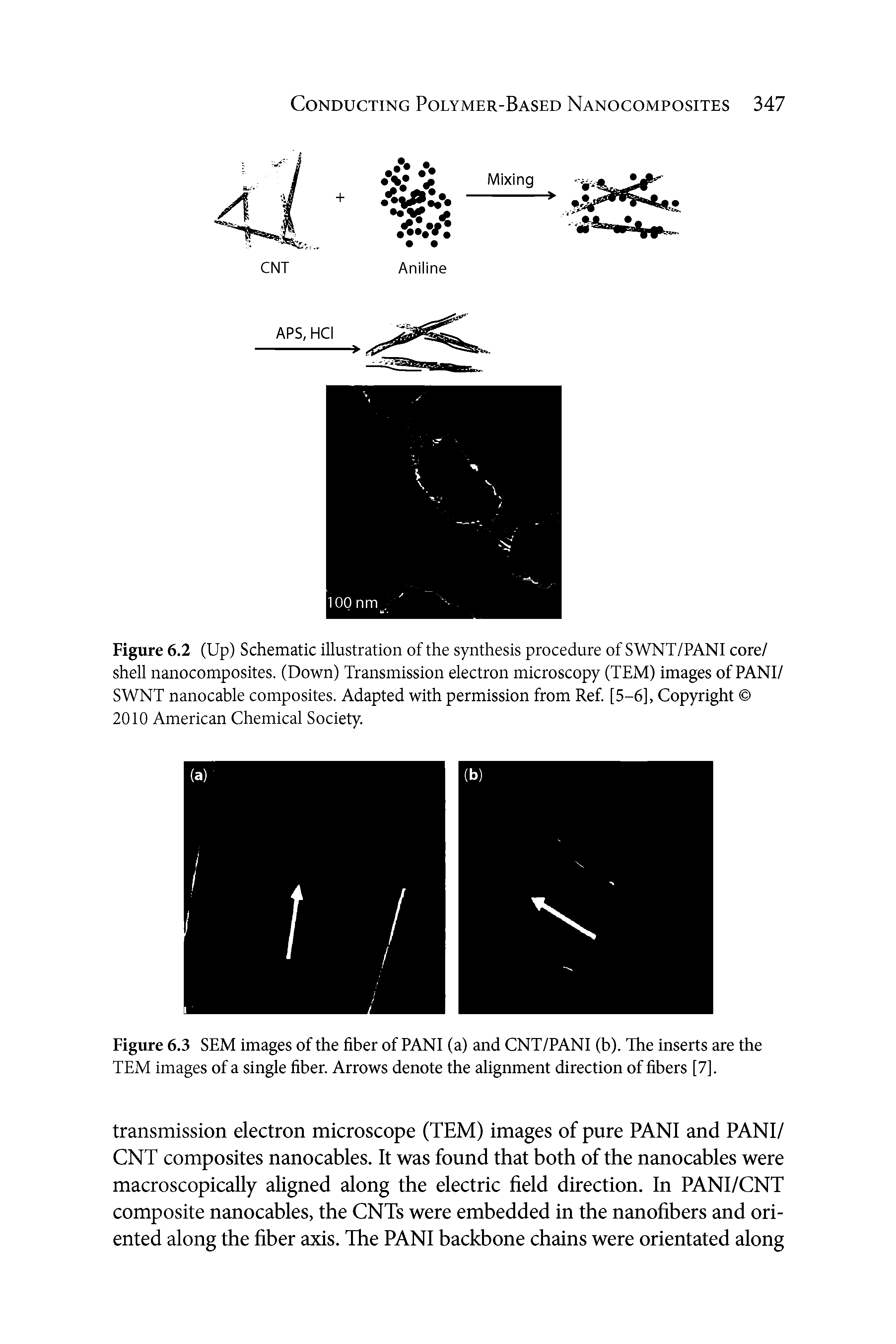 Figure 6.2 (Up) Schematic illustration of the synthesis procedure of SWNT/PANI core/ shell nanocomposites. (Down) Transmission electron microscopy (TEM) images of PANI/ SWNT nanocable composites. Adapted with permission from Ref. [5-6], Copyright 2010 American Chemical Society.