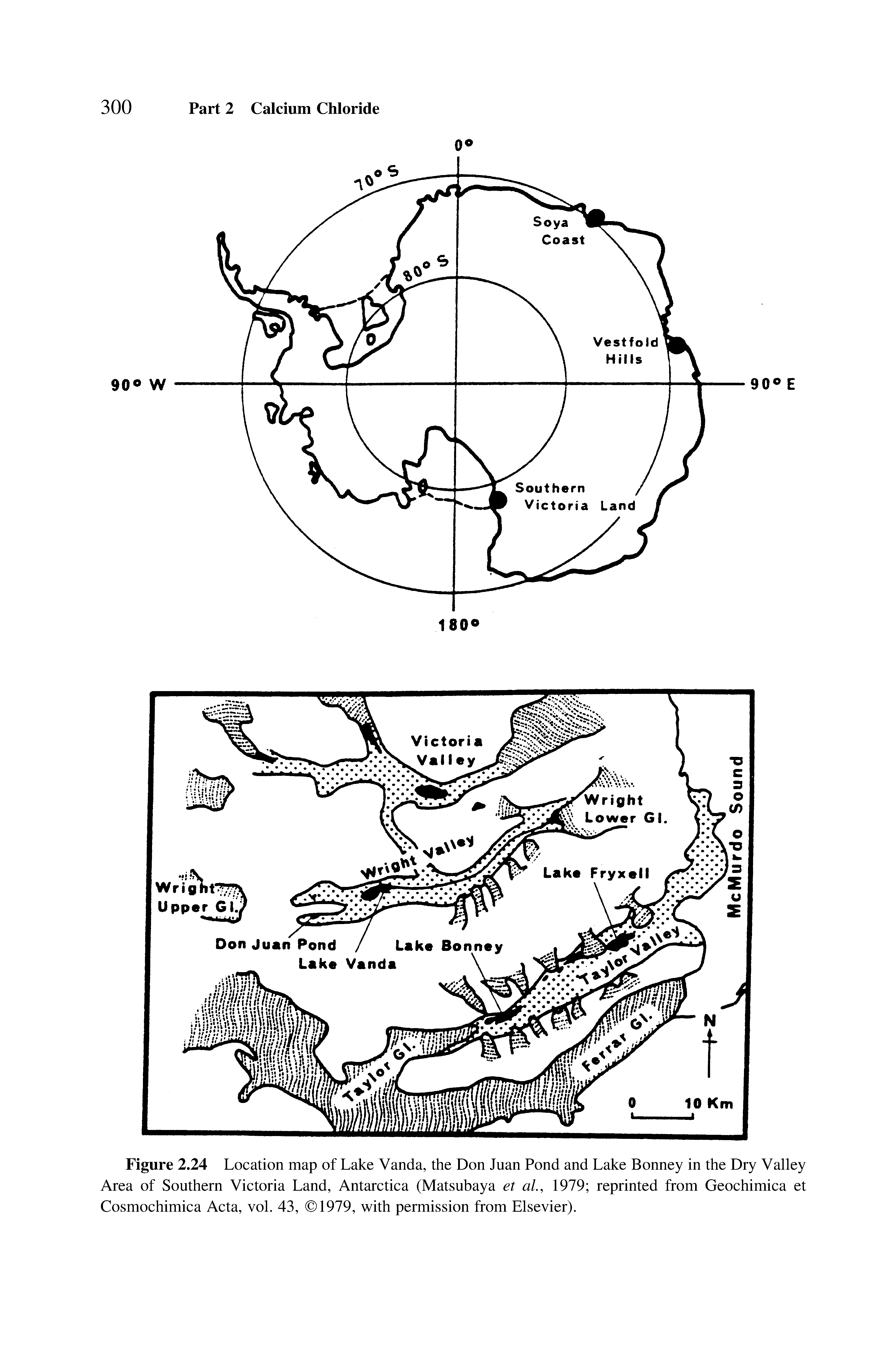 Figure 2.24 Location map of Lake Vanda, the Don Juan Pond and Lake Bonney in the Dry Valley Area of Southern Victoria Land, Antarctica (Matsubaya et al, 1979 reprinted from Geochimica et Cosmochimica Acta, vol. 43, 1979, with permission from Elsevier).