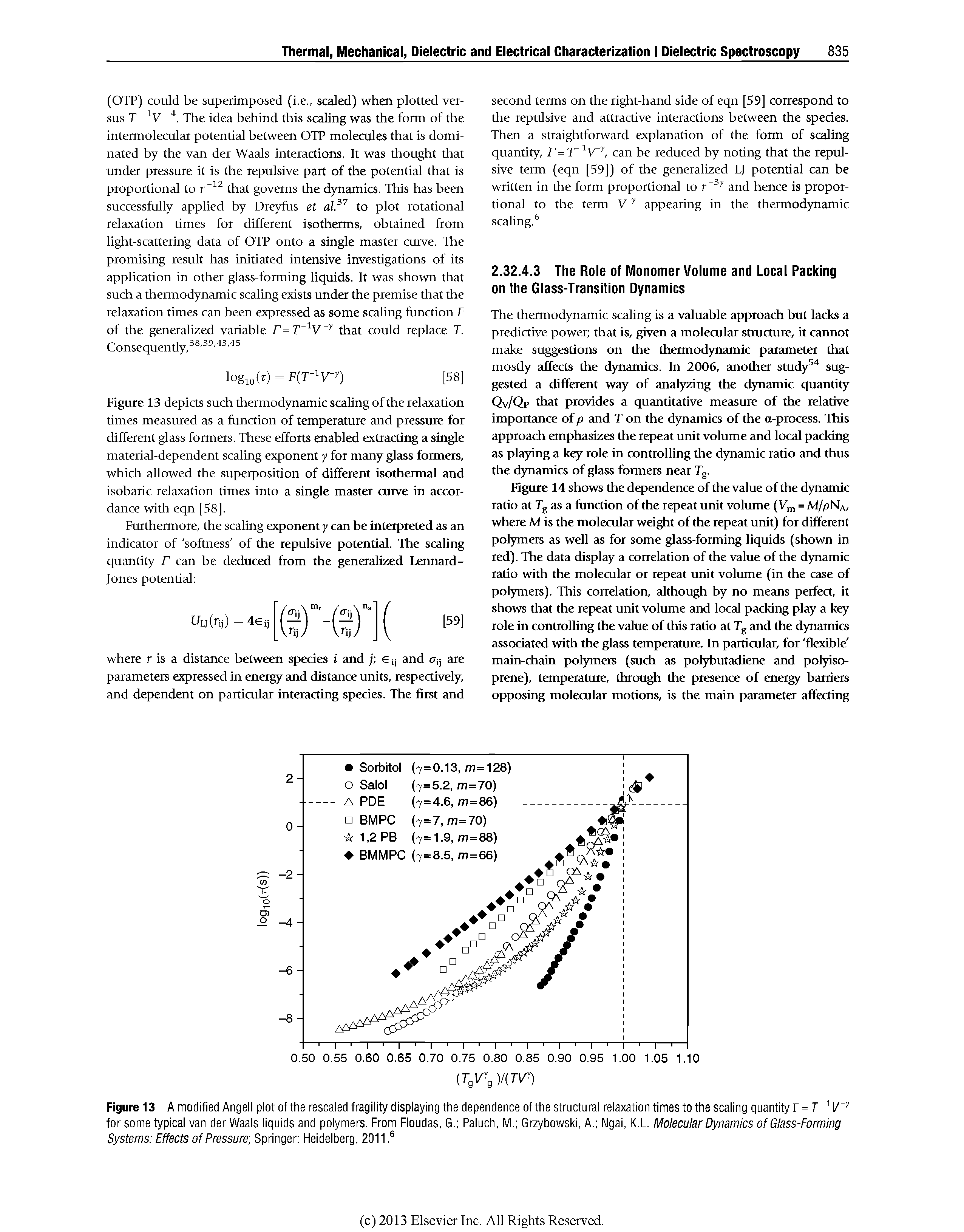 Figure 13 A modified Angell plot of the rescaled fragility displaying the dependence of the structural relaxation times to the scaling quantity r = f I/" for some typical van der Waals liquids and polymers. From Floudas, G. Paluch, M. Grzybowski, A. Ngai, K.L. Molecular Dynamics of Glass-Forming Systems Effects of Pressure Springer Heidelberg, 2011. ...