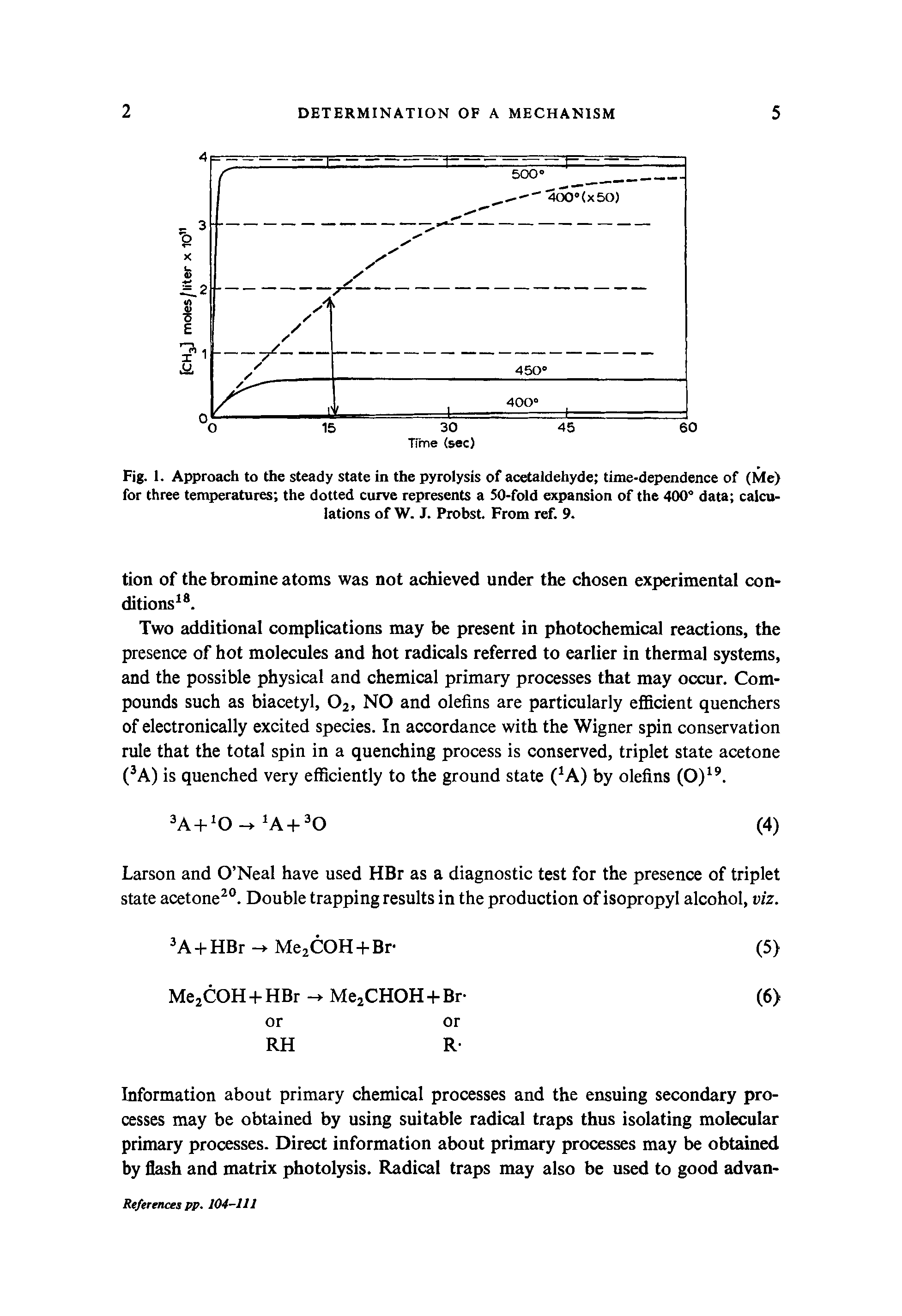 Fig. 1. Approach to the steady state in the pyrolysis of acetaldehyde time-dependence of (Me) for three temperatures the dotted curve represents a 50-fold expansion of the 400 data calculations of W. J. Probst. From ref. 9.