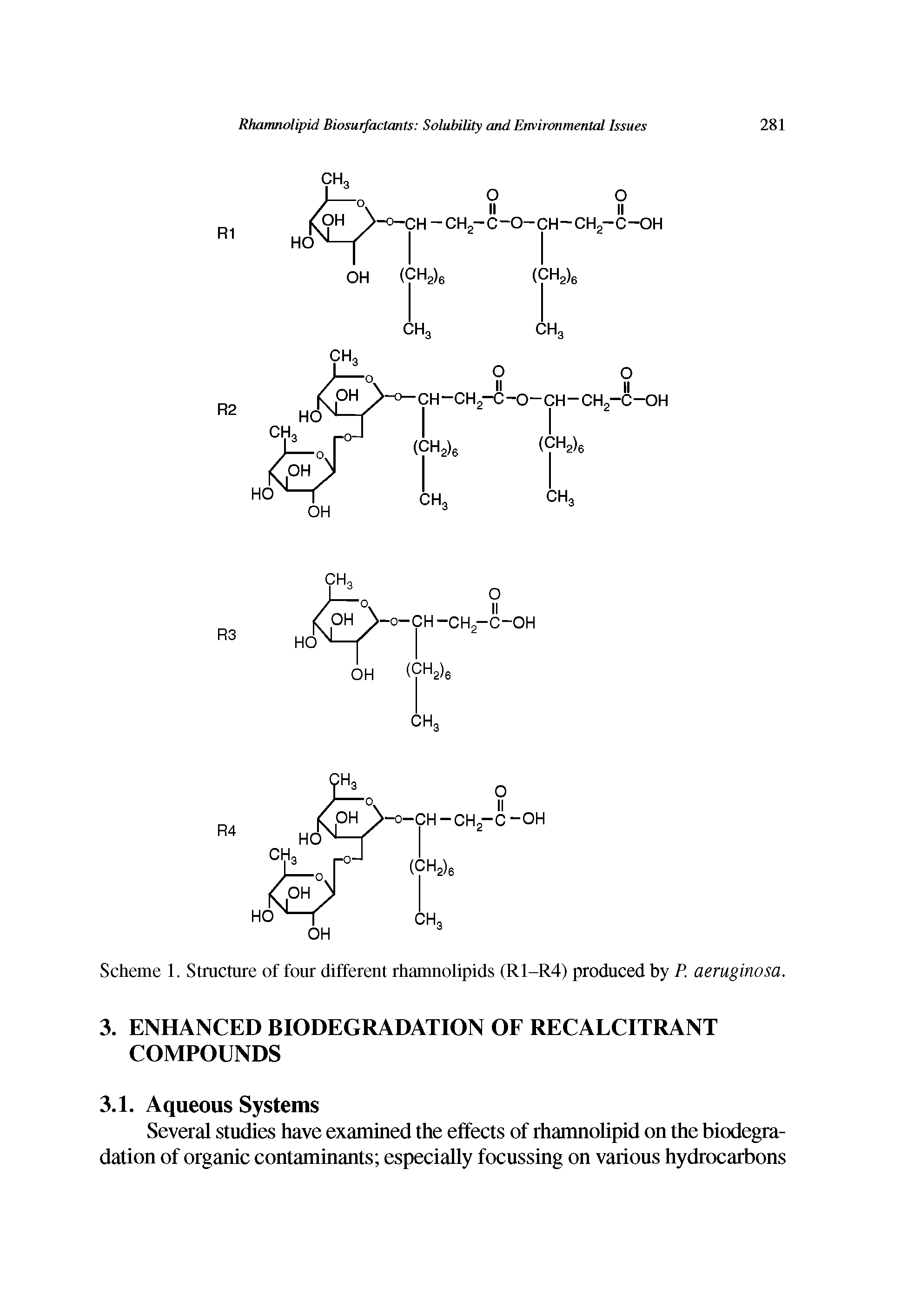 Scheme 1. Structure of four different rhamnolipids (R1-R4) produced by P. aeruginosa.