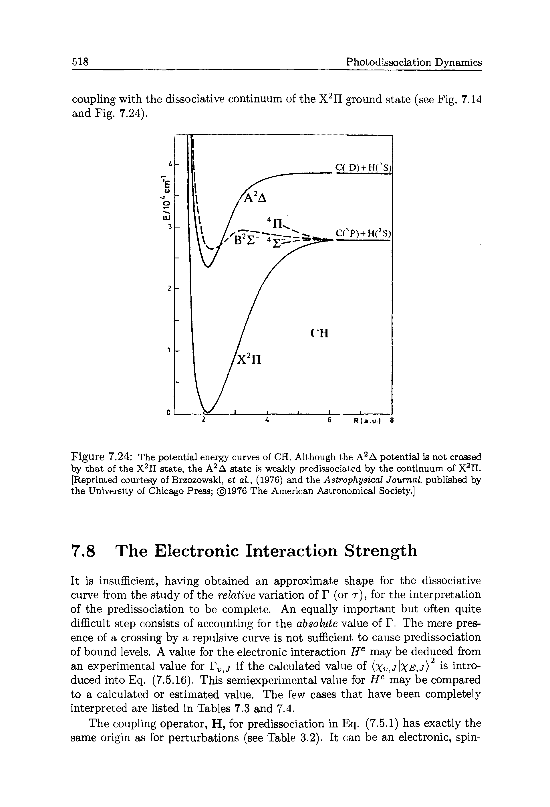 Figure 7.24 The potential energy curves of CH. Although the A2A potential is not crossed by that of the X2n state, the A2A state is weakly predissociated by the continuum of X2n. [Reprinted courtesy of Brzozowski, et al., (1976) and the Astrophysical Journal, published by the University of Chicago Press 1976 The American Astronomical Society.]...