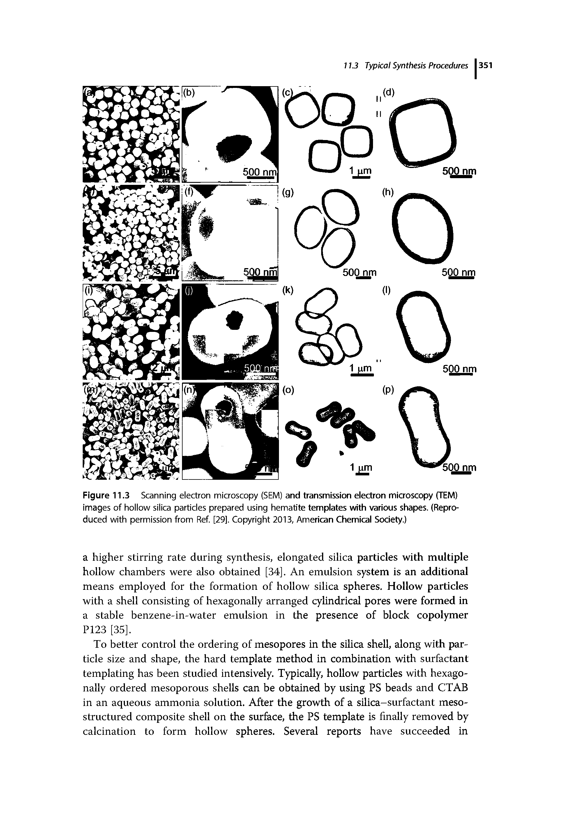 Figure 11.3 Scanning electron microscopy (SEM) and transmission eiectron microscopy (TEM) images of hollow silica particles prepared using hematite templates with various shapes. (Reproduced with permission from Ref. [29]. Copyright 2013, American Chemical Society.)...