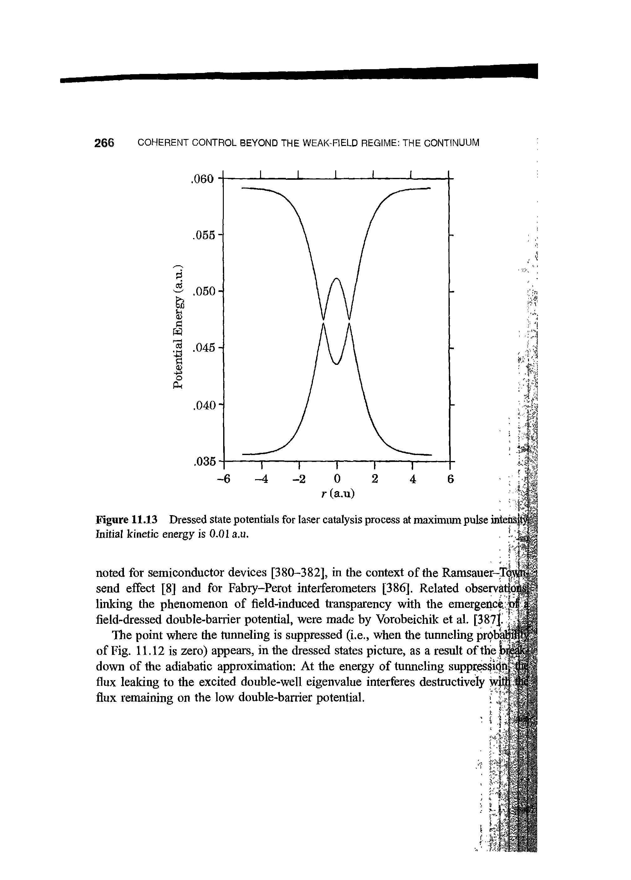 Figure 11.13 Dressed state potentials for laser catalysis process at maximum pulse int Initial kinetic energy is 0.01 a.u. ...