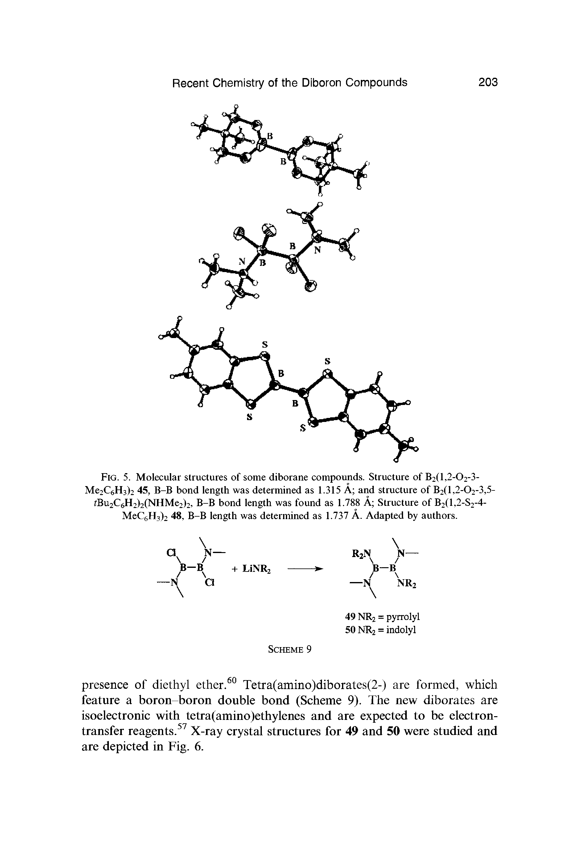 Fig. 5. Molecular structures of some diborane compounds. Structure of B2(l,2-02-3-Me2C6H3)2 45, B-B bond length was determined as 1.315 A and structure of B2(l,2-02-3,5-tBu2C6H2)2(NHMe2)2, B-B bond length was found as 1.788 A Structure of B2(l,2-S2-4-MeC6H3)2 48, B-B length was determined as 1.737 A. Adapted by authors.