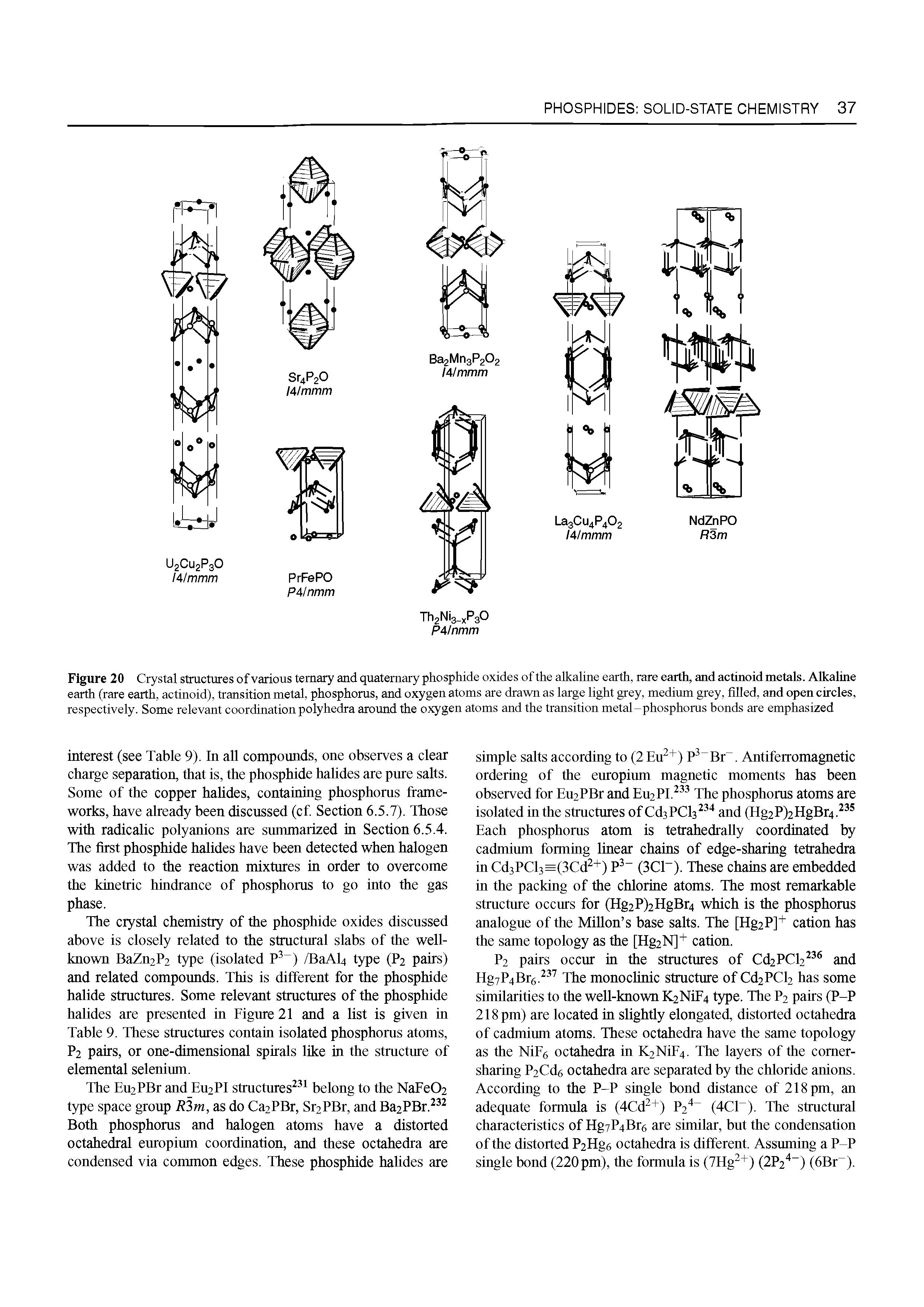 Figure 20 Crystal structures of various ternary and quaternary phosphide oxides of the alkaline earth, rare earth, and actinoid metals. Alkaline earth (rare earth, actinoid), transition metal, phosphorus, and oxygen atoms are drawn as large light grey, medium grey, filled, and open circles, respectively. Some relevant coordination polyhedra around the oxygen atoms and the transition metal-phosphorus bonds are emphasized...