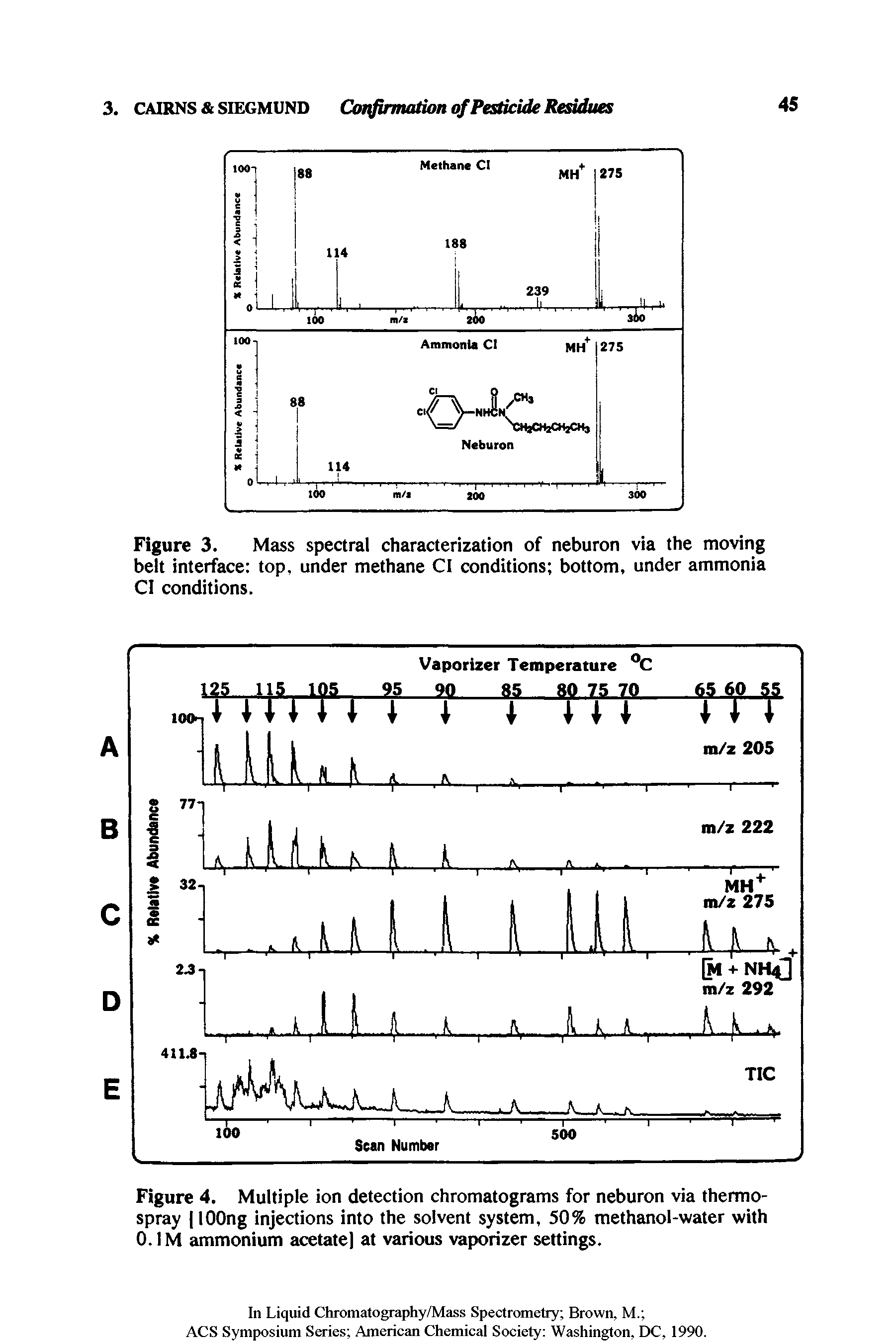 Figure 3. Mass spectral characterization of neburon via the moving belt interface top, under methane Cl conditions bottom, under ammonia Cl conditions.