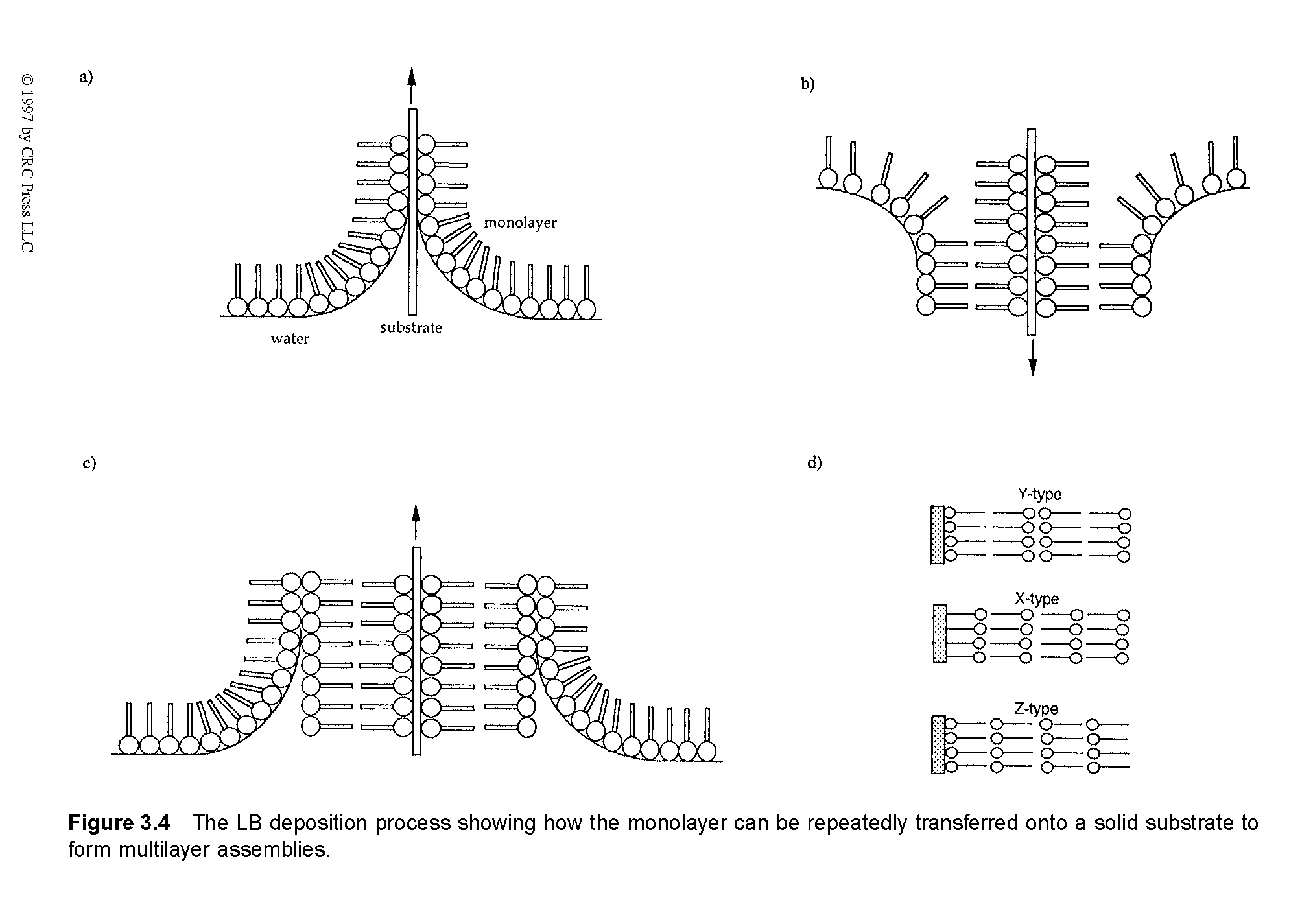 Figure 3.4 The LB deposition process showing how the monolayer can be repeatedly transferred onto a solid substrate to form multilayer assemblies.