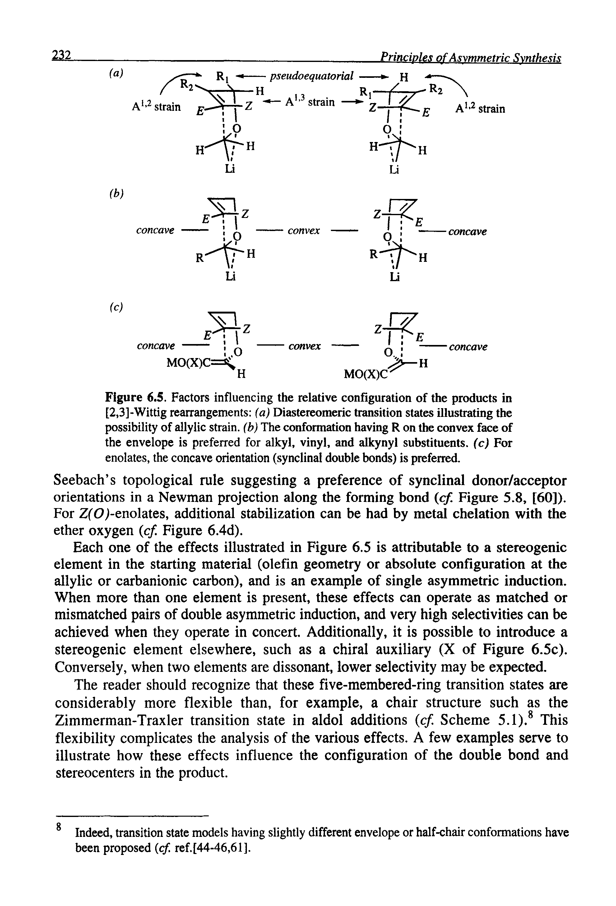 Figure 6.5. Factors influencing the relative configuration of the products in [2,3]-Wittig rearrangements (a) Diastereomeric transition states illustrating the possibility of allylic strain, (b) The conformation having R on the convex face of the envelope is preferred for alkyl, vinyl, and alkynyl substituents, (c) For enolates, the concave orientation (synclinal double bonds) is preferred.