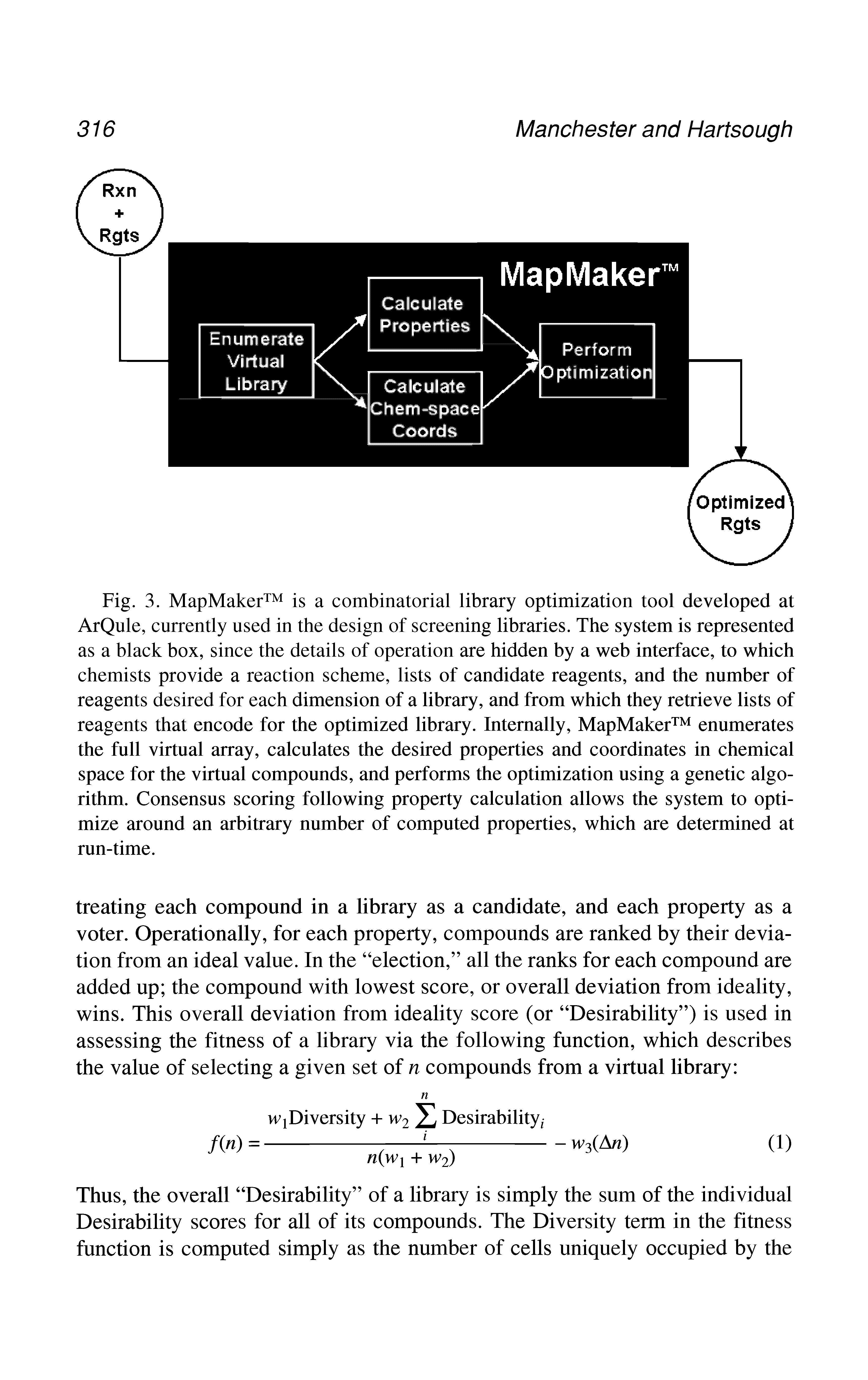 Fig. 3. MapMaker is a combinatorial library optimization tool developed at ArQule, currently used in the design of screening libraries. The system is represented as a black box, since the details of operation are hidden by a web interface, to which chemists provide a reaction scheme, lists of candidate reagents, and the number of reagents desired for each dimension of a library, and from which they retrieve lists of reagents that encode for the optimized library. Internally, MapMaker enumerates the full virtual array, calculates the desired properties and coordinates in chemical space for the virtual compounds, and performs the optimization using a genetic algorithm. Consensus scoring following property calculation allows the system to optimize around an arbitrary number of computed properties, which are determined at run-time.