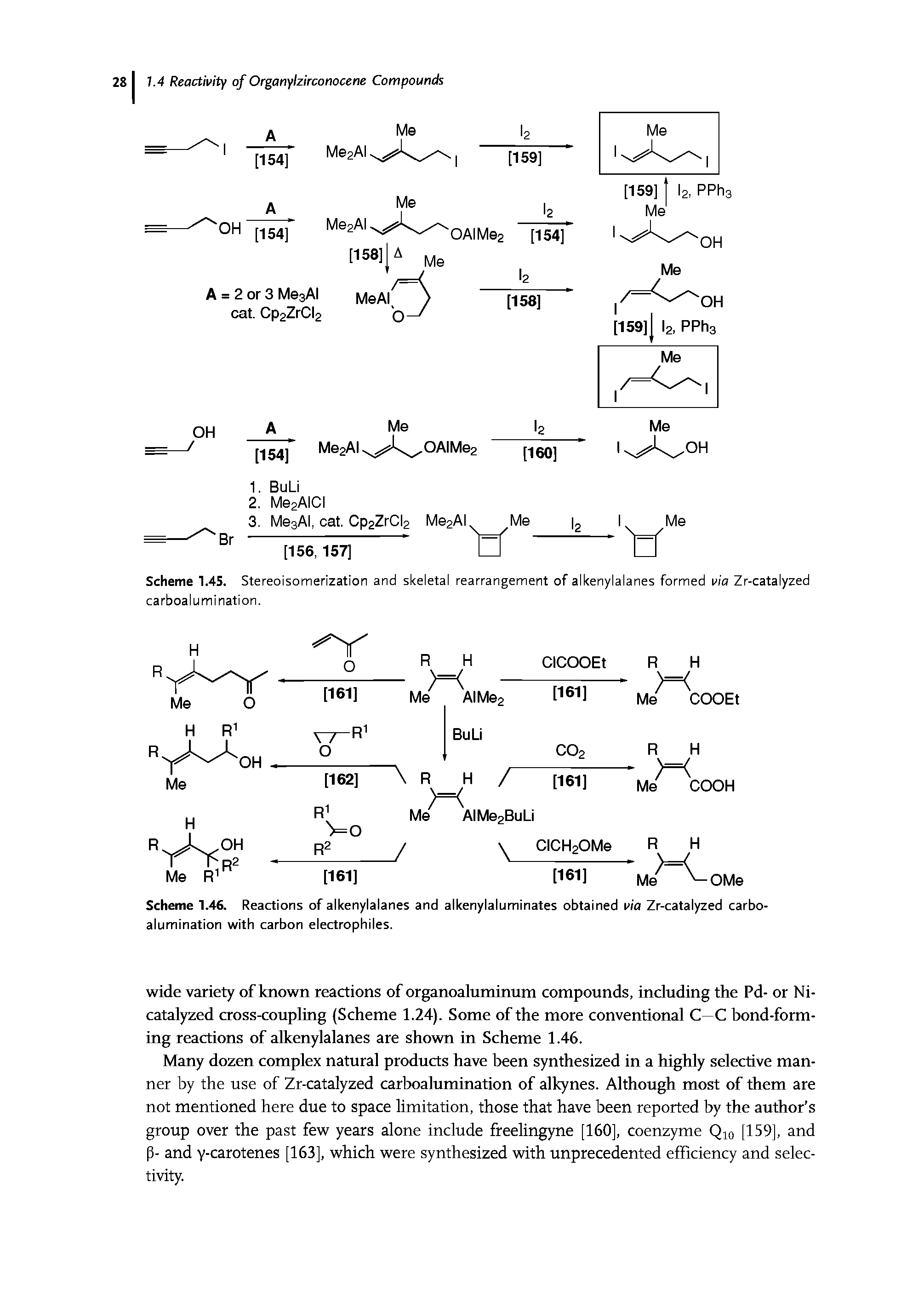 Scheme 1.46. Reactions of alkenylalanes and alkenylaluminates obtained via Zr-catalyzed carboalumination with carbon electrophiles.